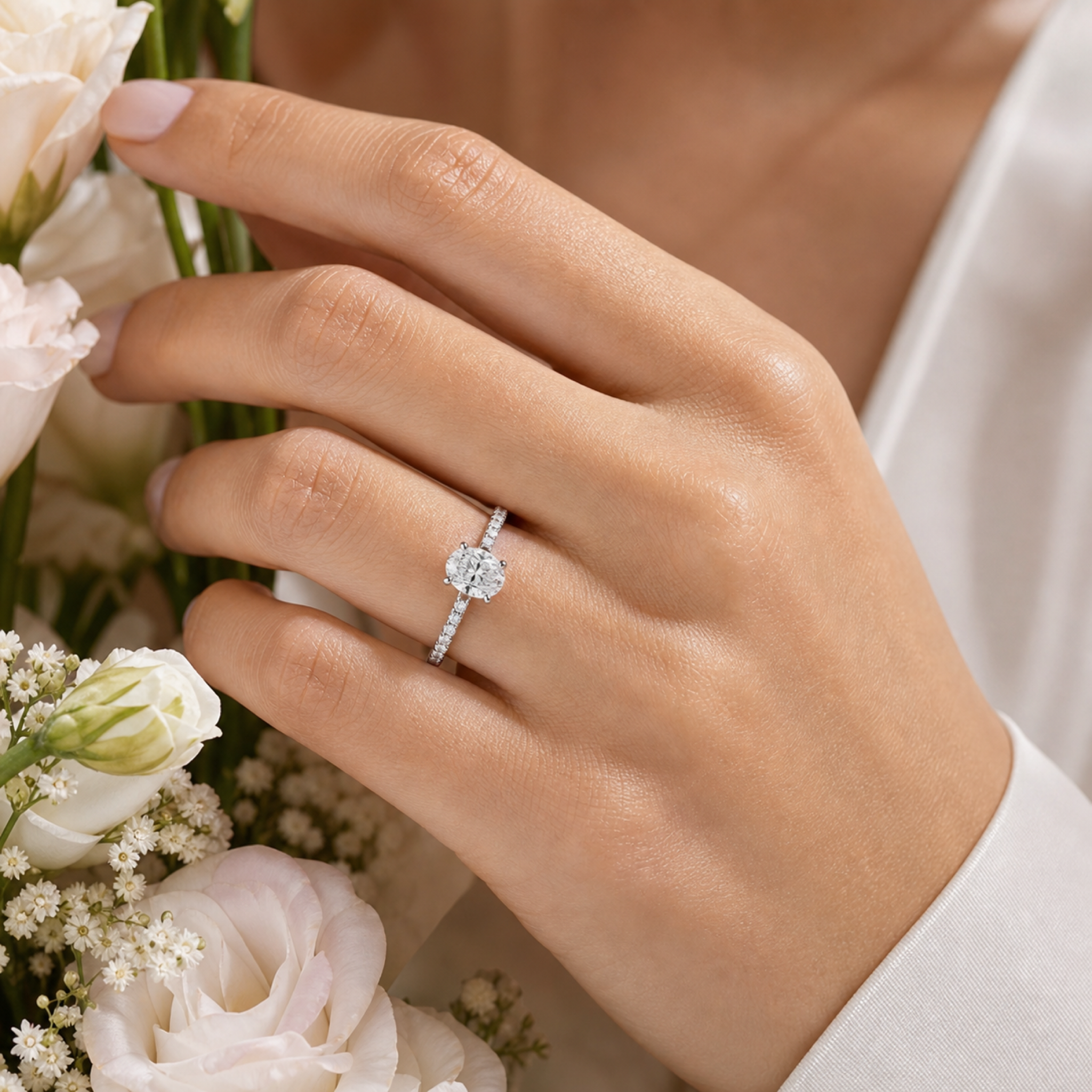 Oval Hidden Halo Crown Pavé in 14K White Gold wearing