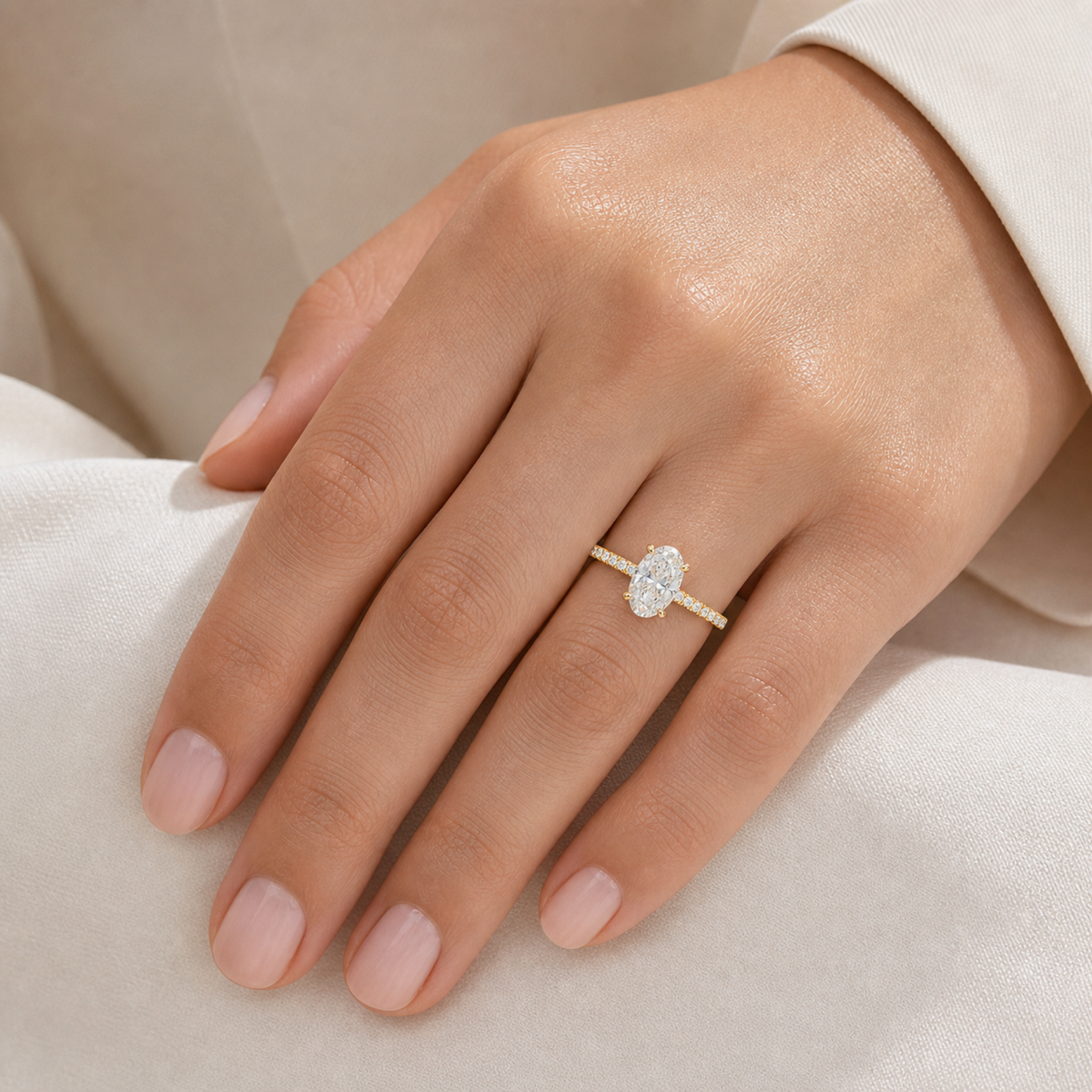 Oval Hidden Halo Crown Pavé in 18K Yellow Gold wearing