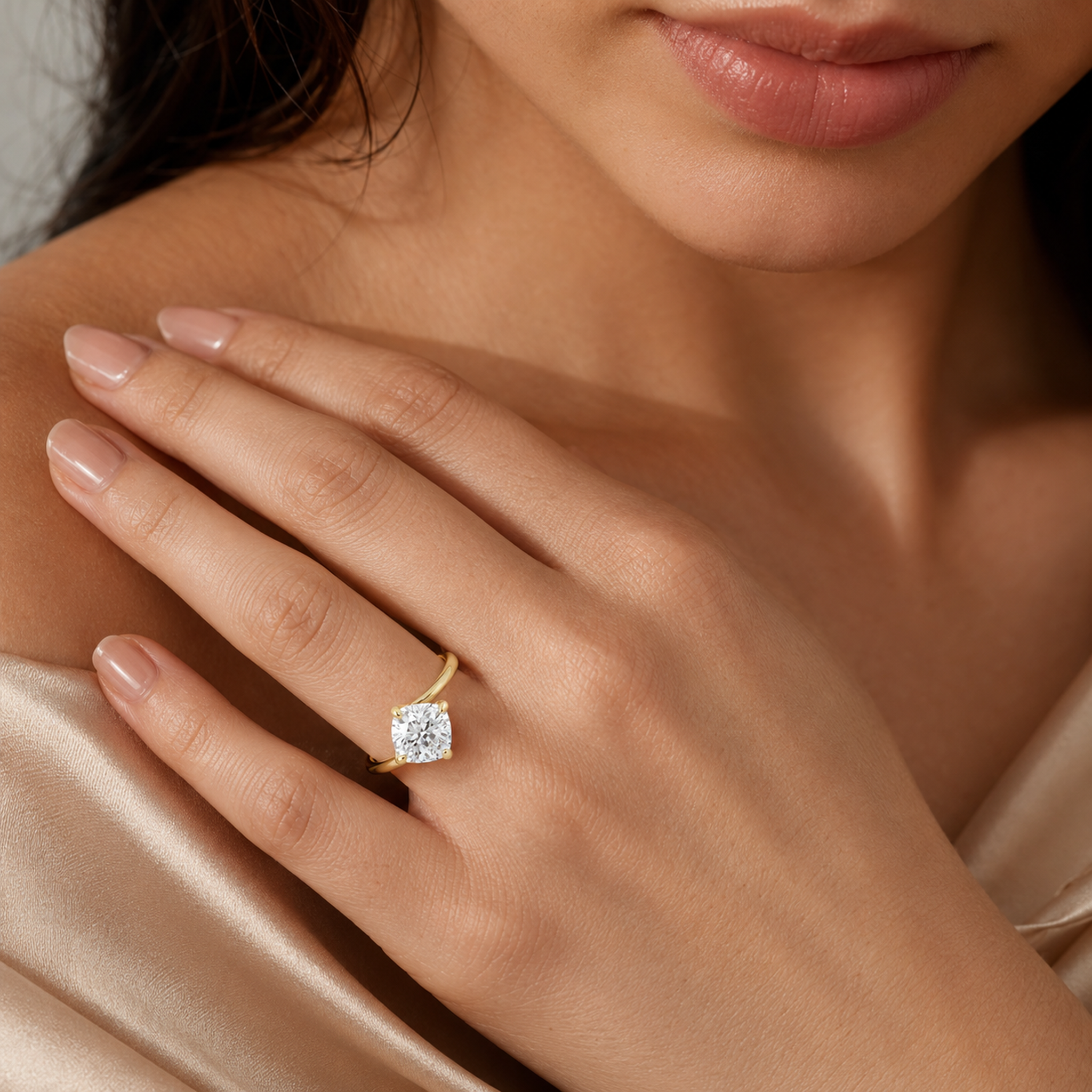 Cushion Bypass Solitaire in 18K Yellow Gold wearing