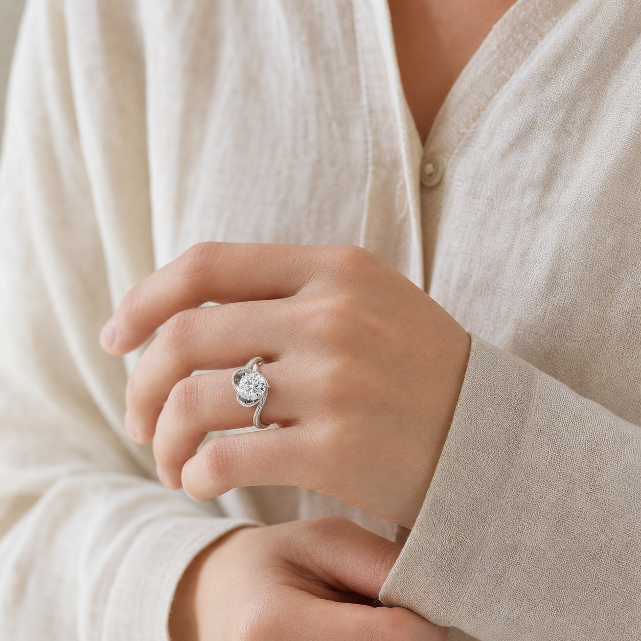Round Natural-Inspired Crossover Solitaire in Platinum wearing