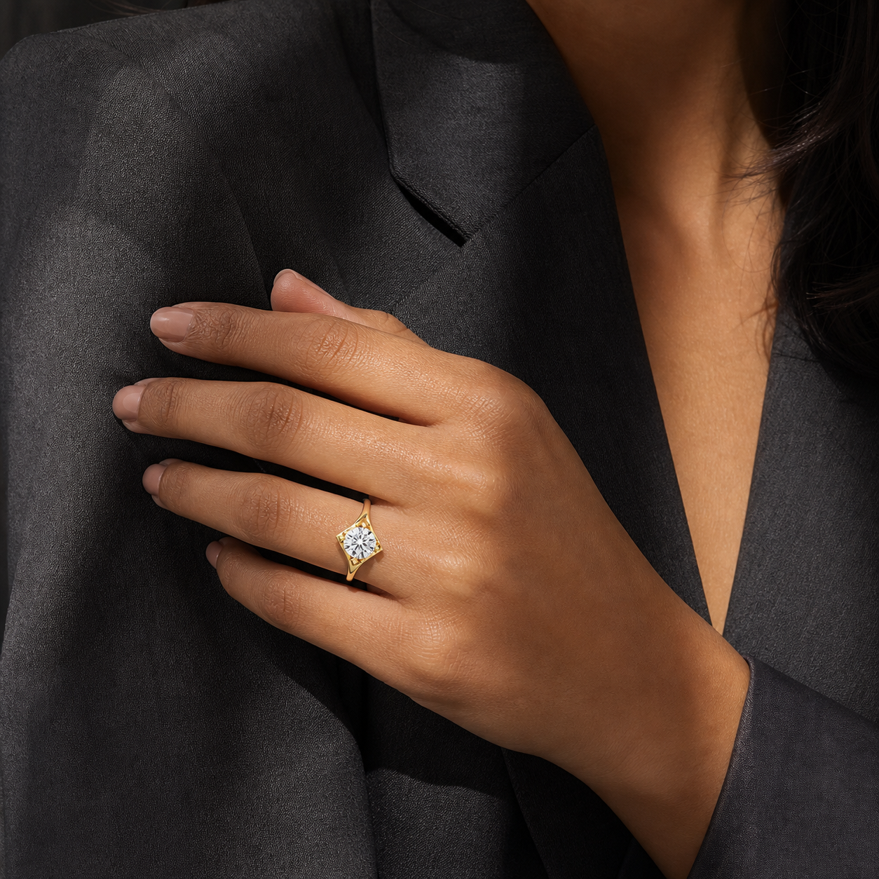 Round Bypass Solitaire in 14K Rose Gold wearing