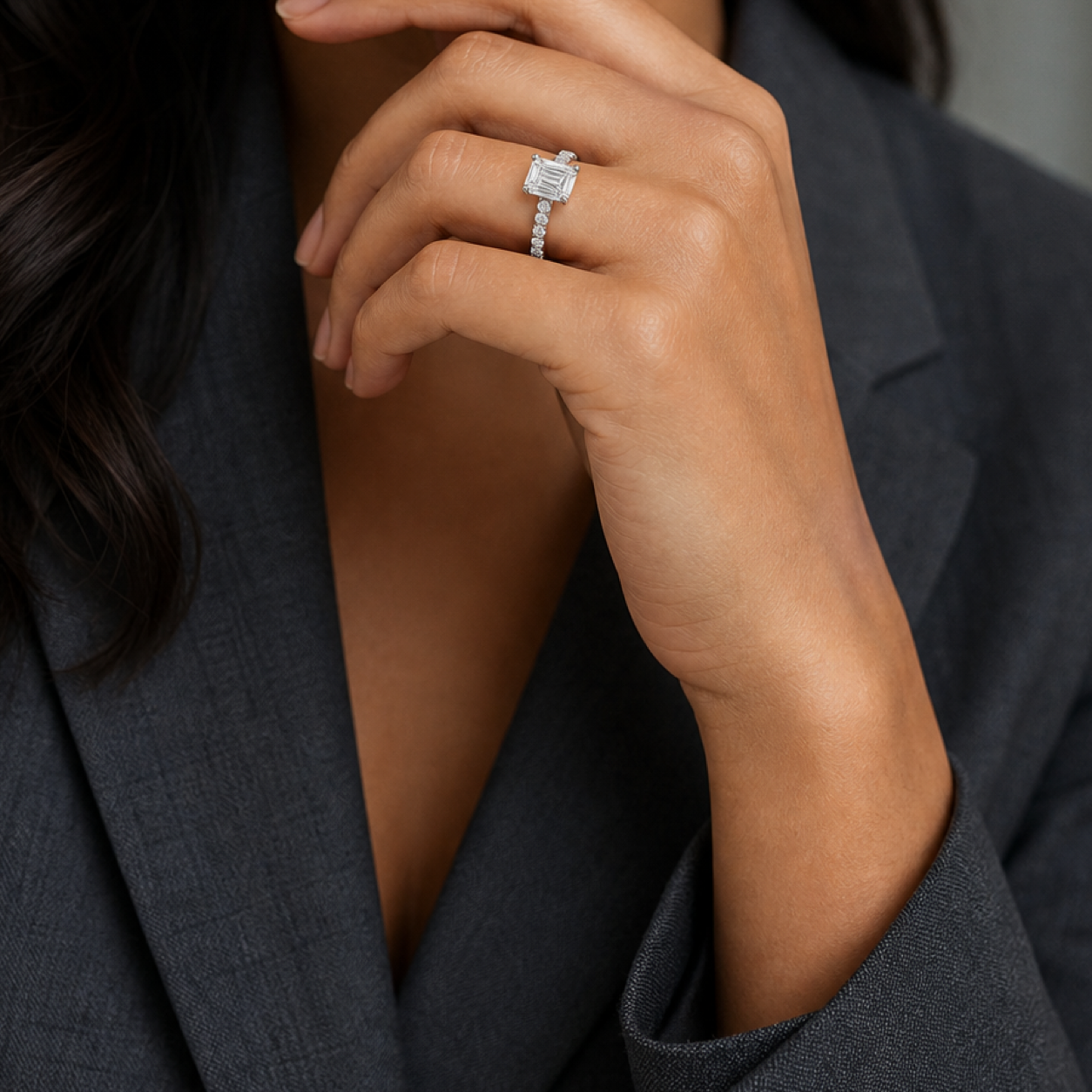 Emerald Accent Shoulder Solitaire in 14K White Gold wearing