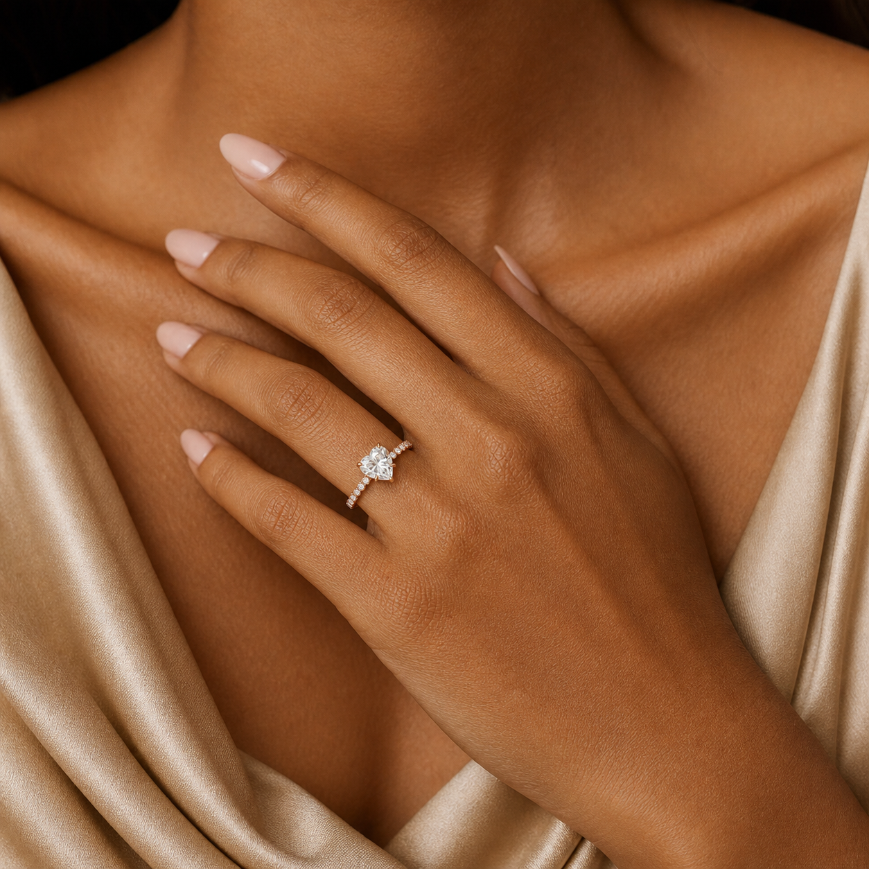 Heart Accent Shoulder Solitaire in 14K Rose Gold wearing
