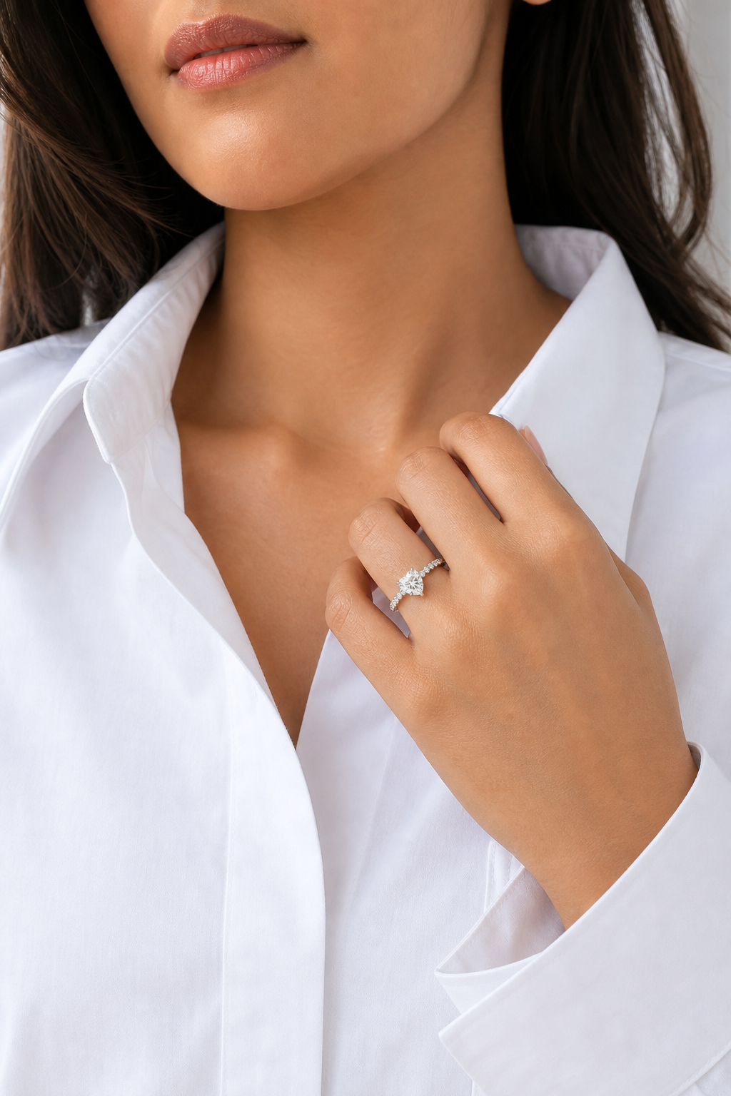 Heart Accent Shoulder Solitaire in Platinum wearing