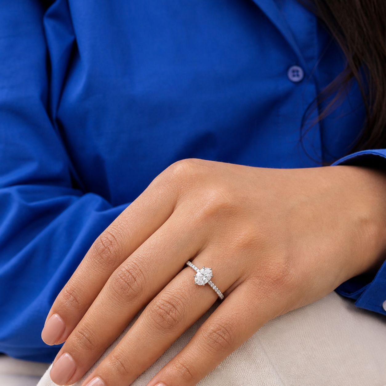 Oval Hidden Halo Accent Six-Prong Pavé in 14K White Gold wearing