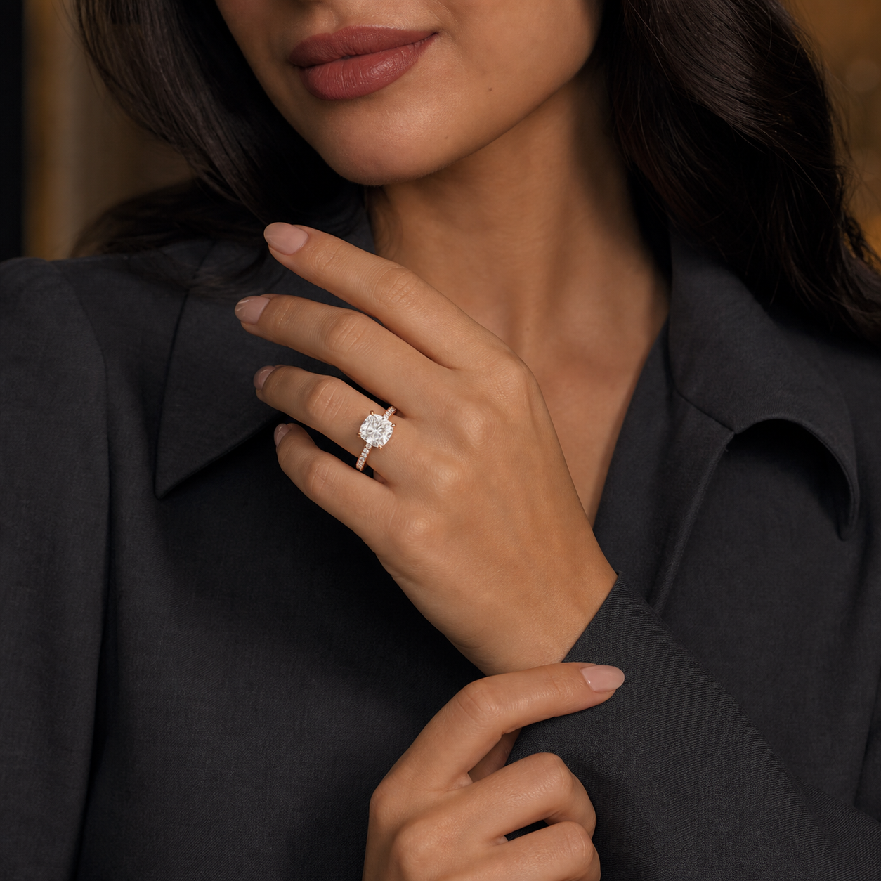 Cushion Hidden Halo Accent Luxe Pavé in 14K Yellow Gold wearing