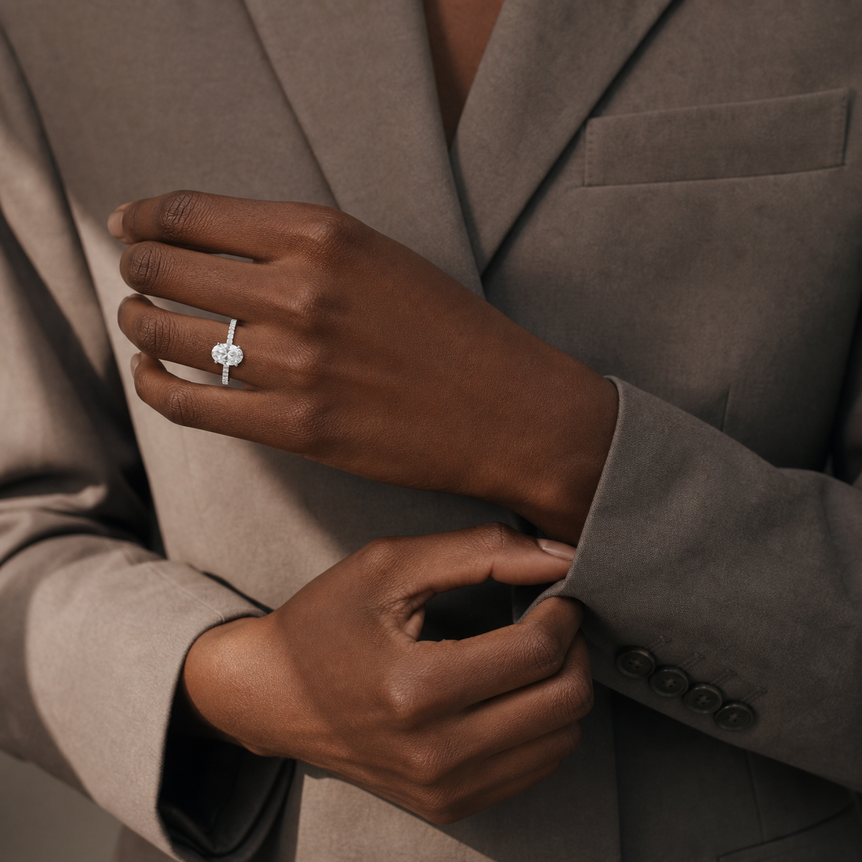 Oval Hidden Halo Accent Luxe Pavé in 18K White Gold wearing