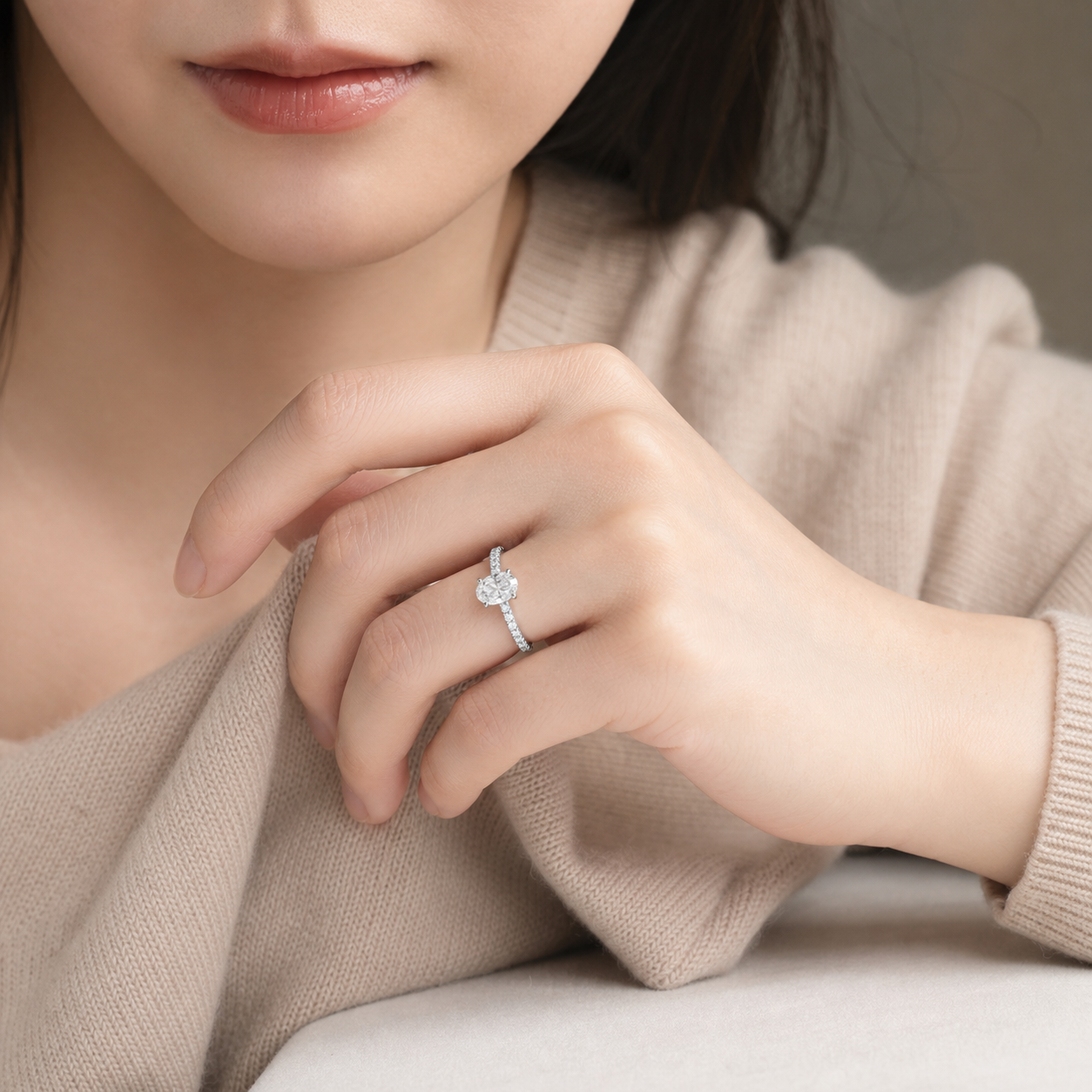 Oval Hidden Halo Accent Pavé in Platinum wearing