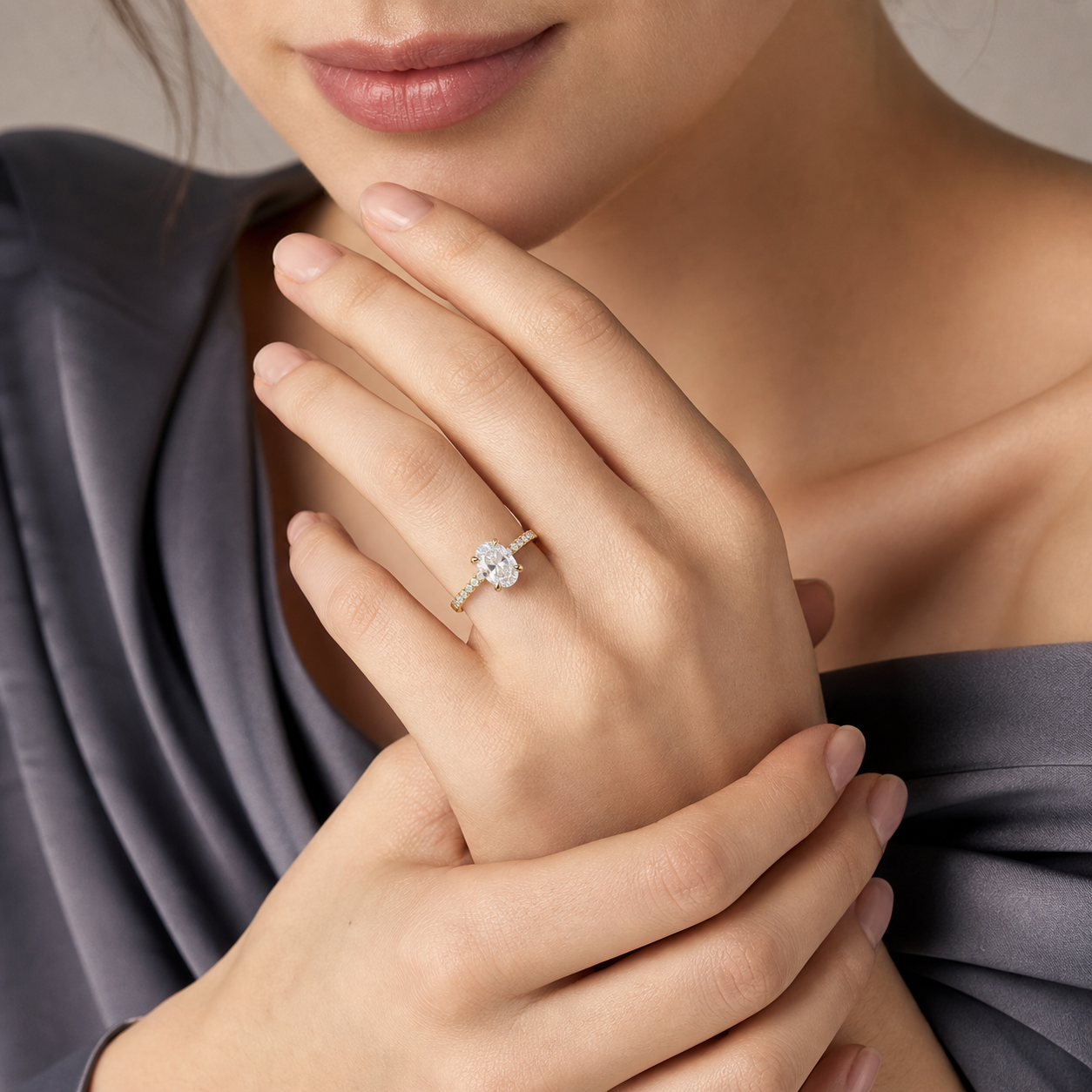 Oval Hidden Halo Accent Petite Pavé in 14K Rose Gold wearing