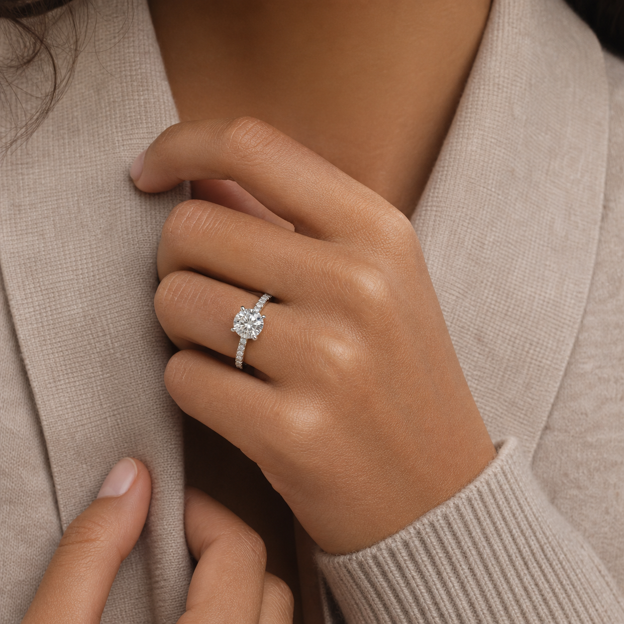 Round Hidden Halo Accent Petite Pavé in Platinum wearing