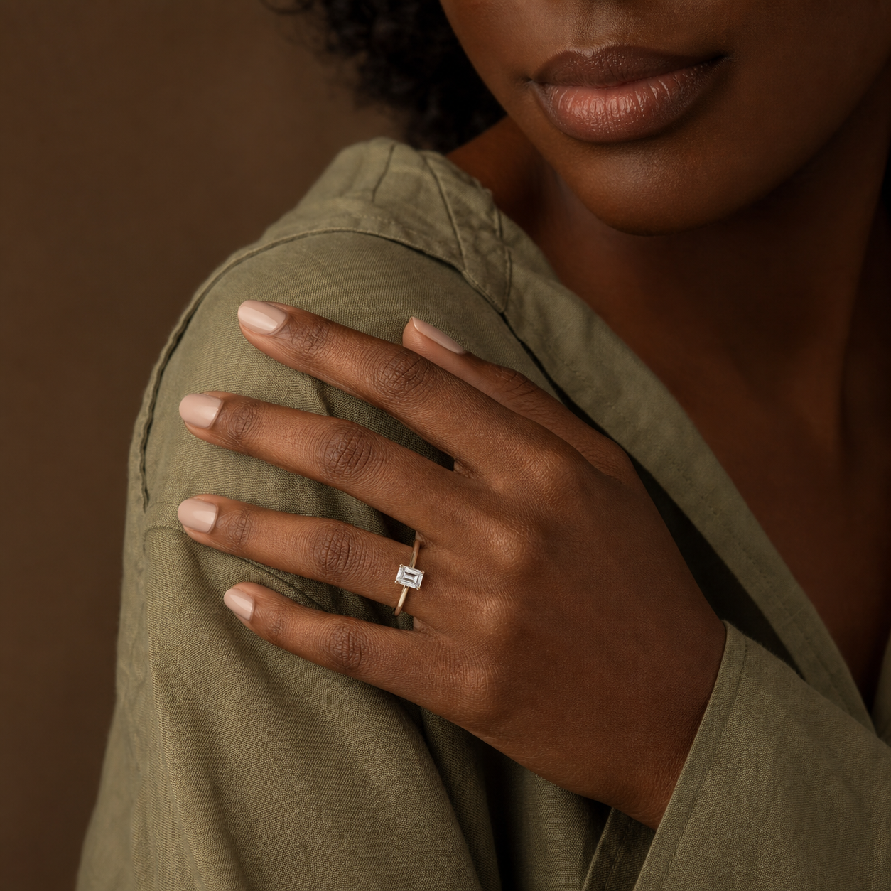 Emerald Hidden Halo Accent Plain in 14K Rose Gold wearing