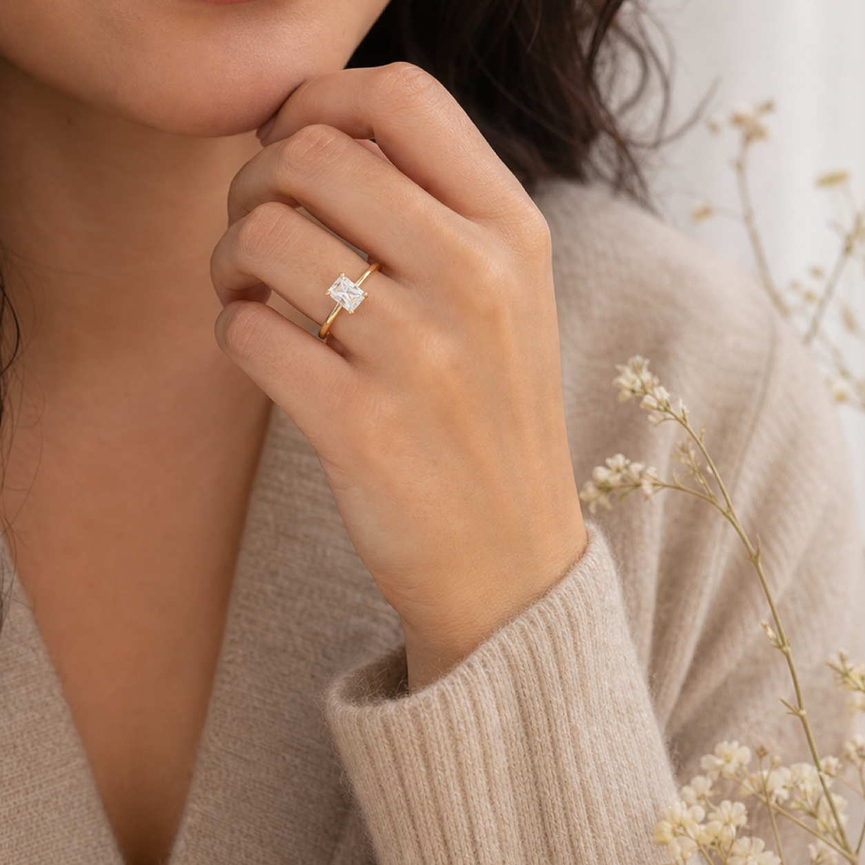 Radiant Hidden Halo Accent Plain in 18K Yellow Gold wearing
