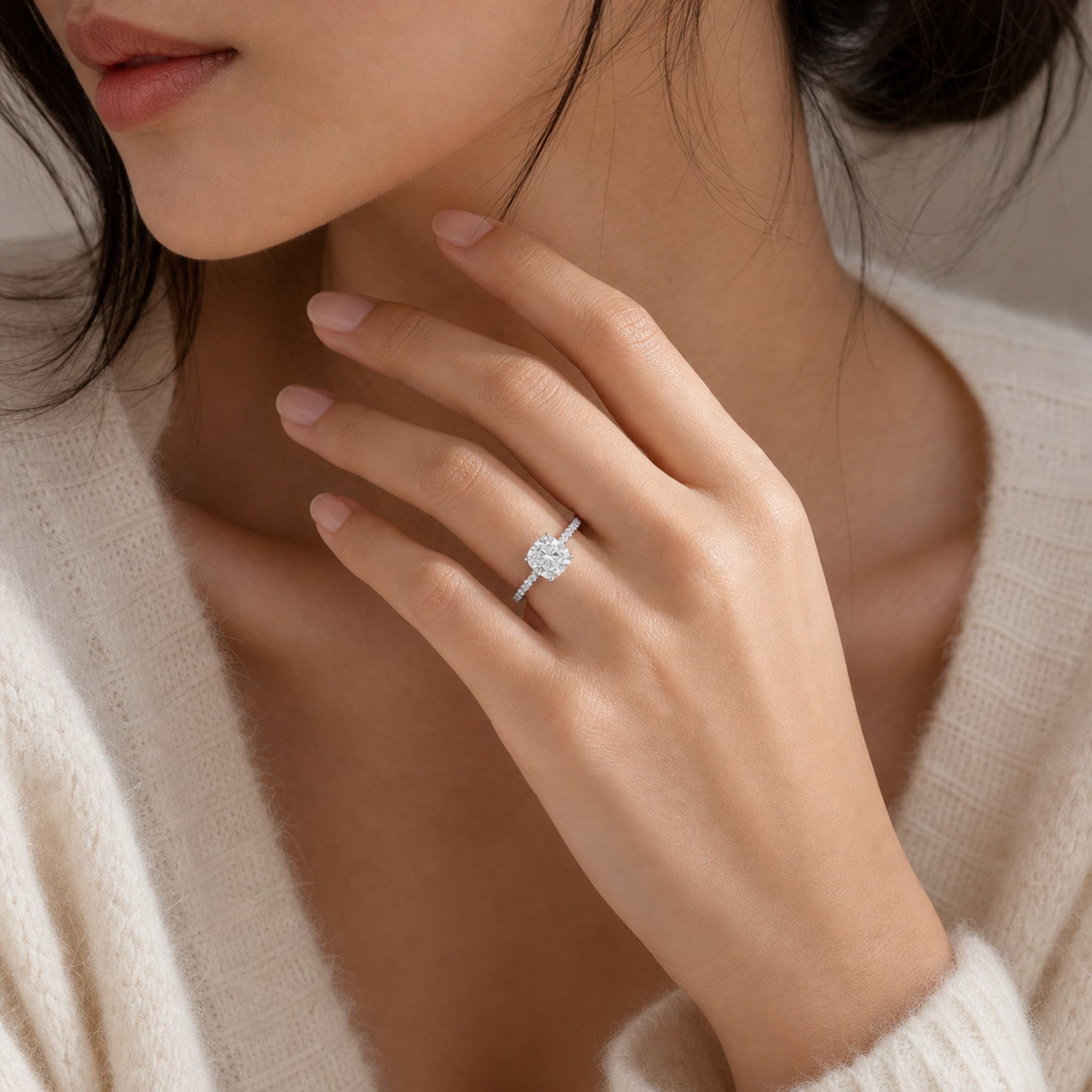 Cushion Classic Basket Pavé Solitaire in 14K White Gold wearing