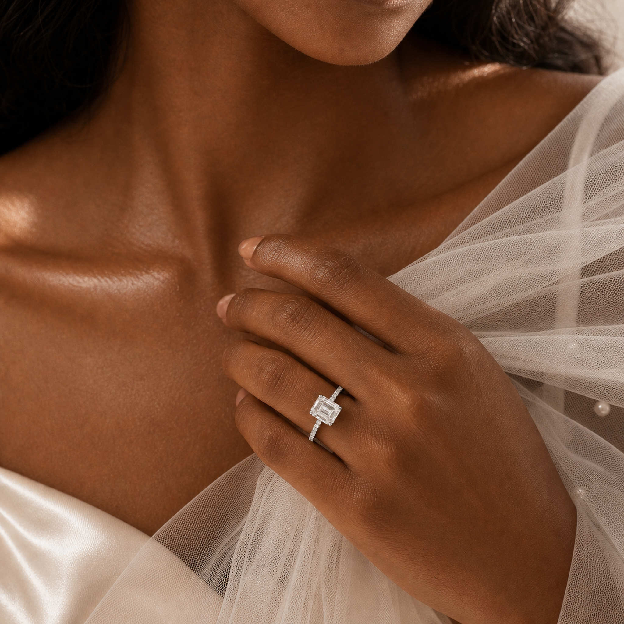 Emerald Classic Basket Pavé Solitaire in Platinum wearing