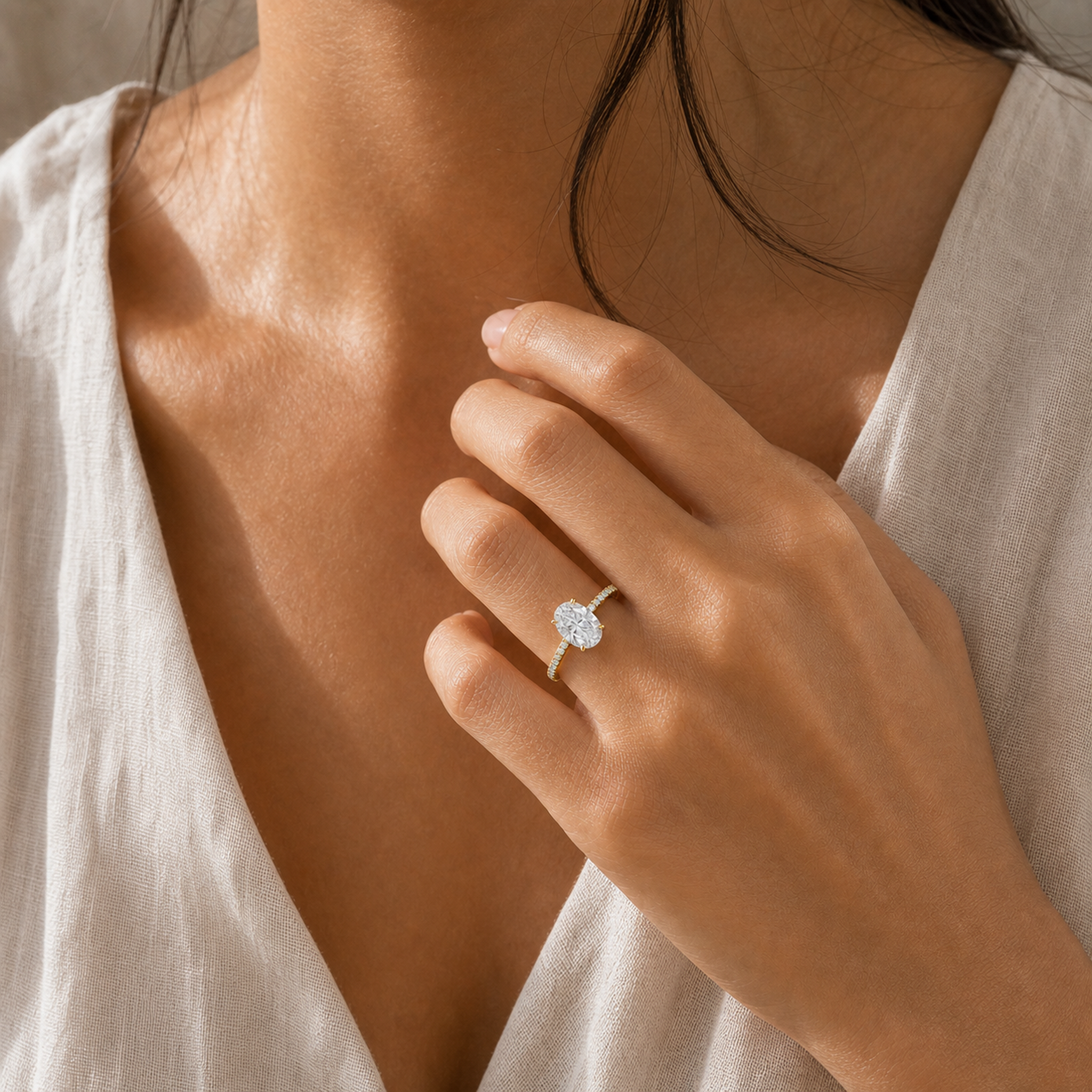 Oval Classic Basket Pavé Solitaire in 18K Yellow Gold wearing