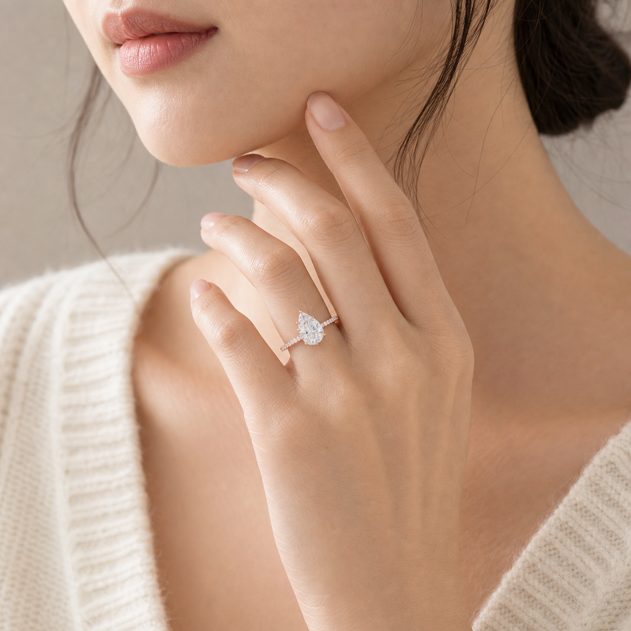 Pear Classic Basket Pavé Solitaire in 14K Rose Gold wearing