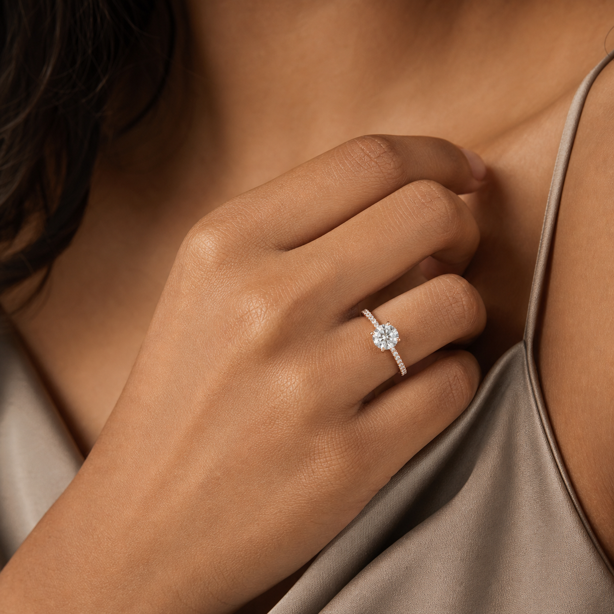 Round Classic Basket Pavé Solitaire in 14K Rose Gold wearing