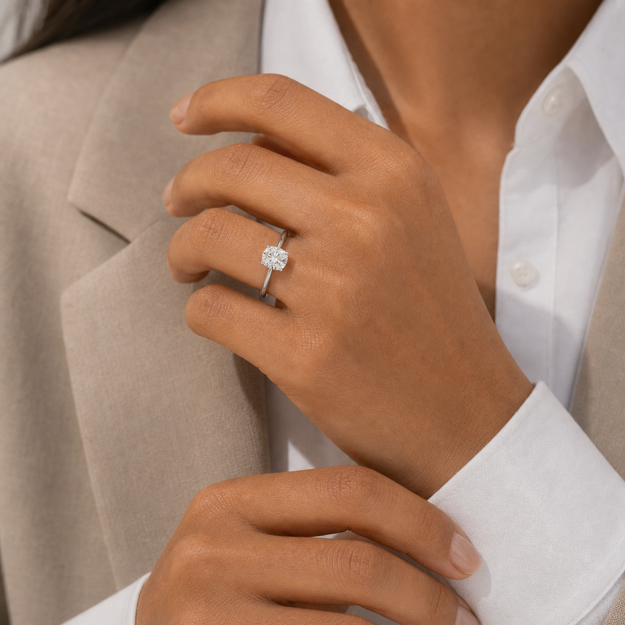 Cushion Classic Basket Plain Solitaire in 14K White Gold wearing