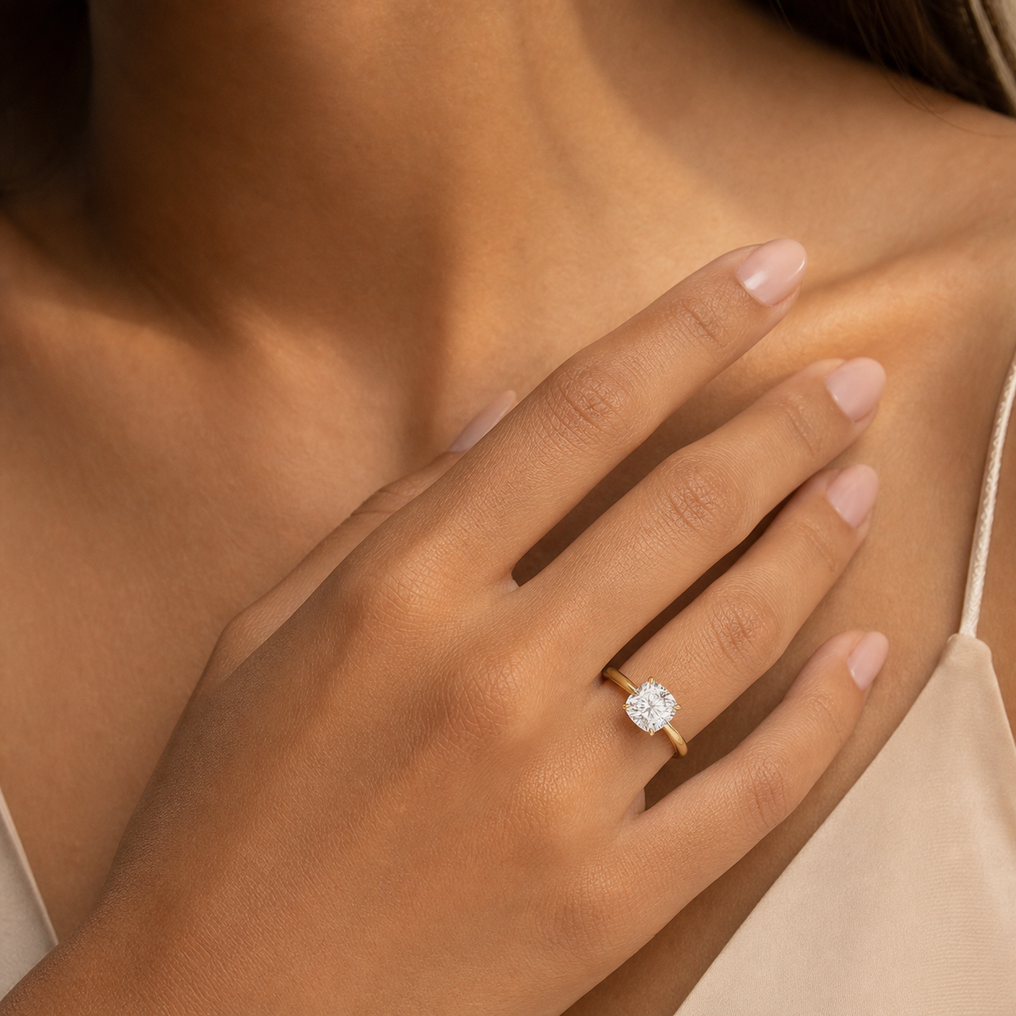 Cushion Classic Basket Plain Solitaire in 14K Yellow Gold wearing