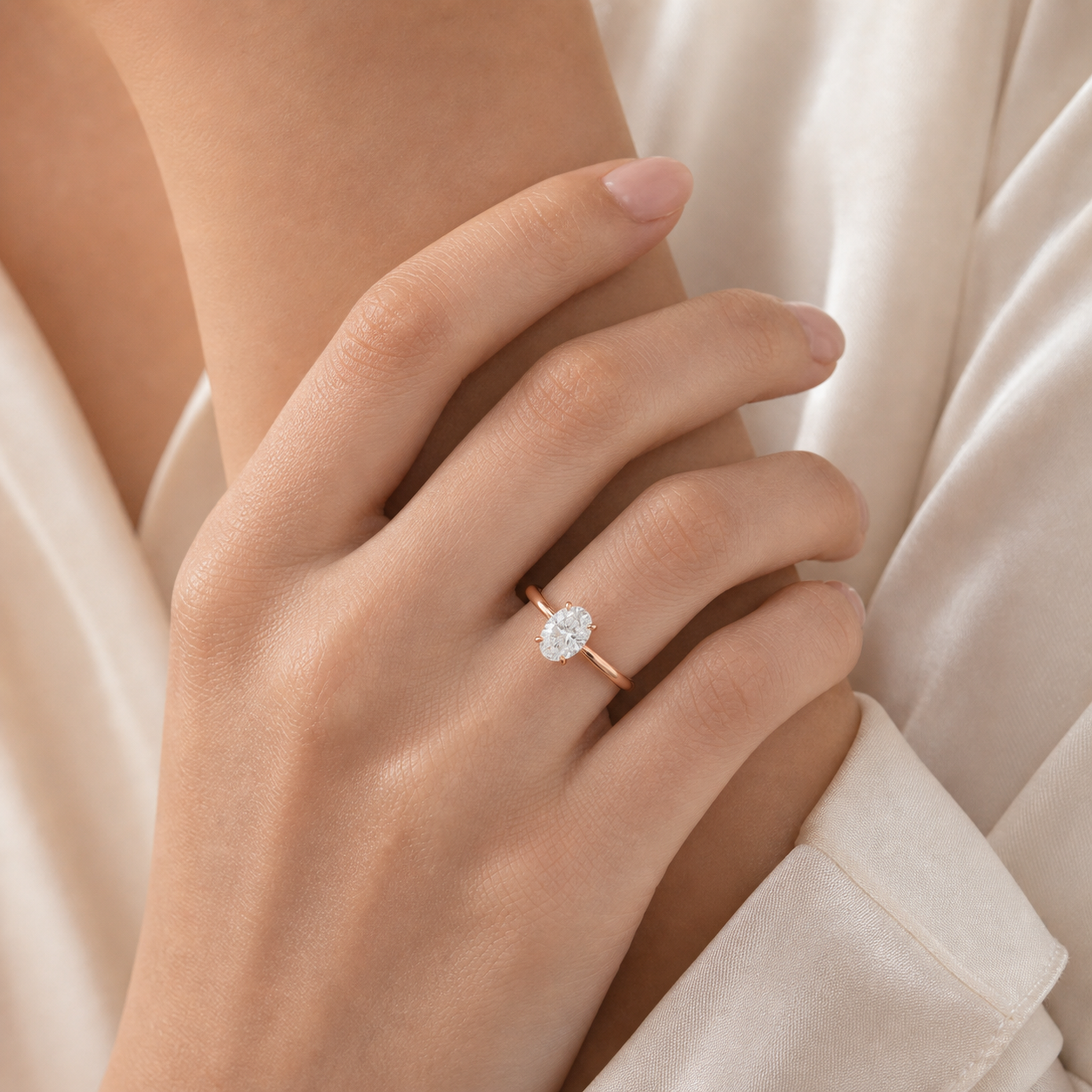 Oval Classic Basket Plain Solitaire in 14K Rose Gold wearing