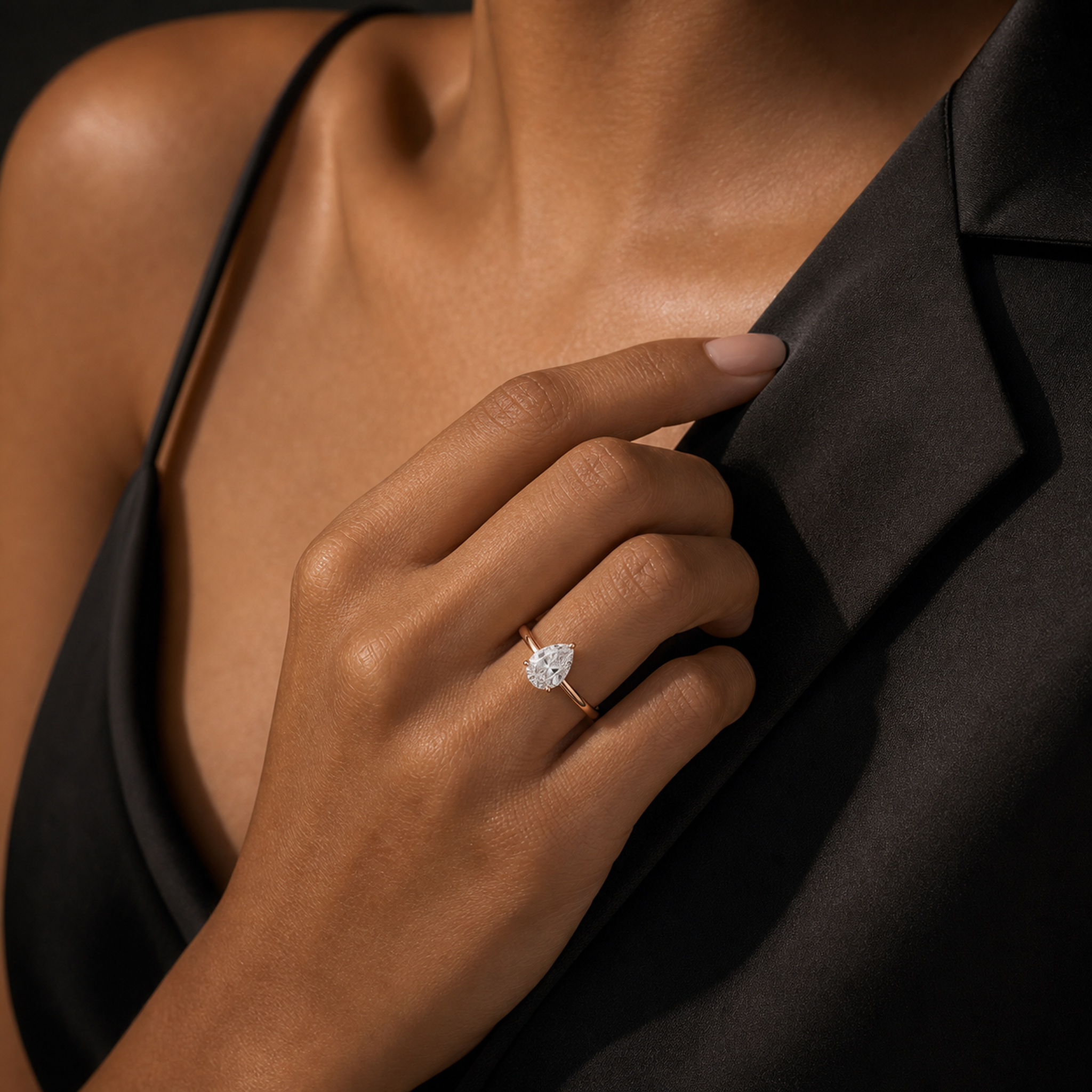 Pear Classic Basket Plain Solitaire in 14K Rose Gold wearing