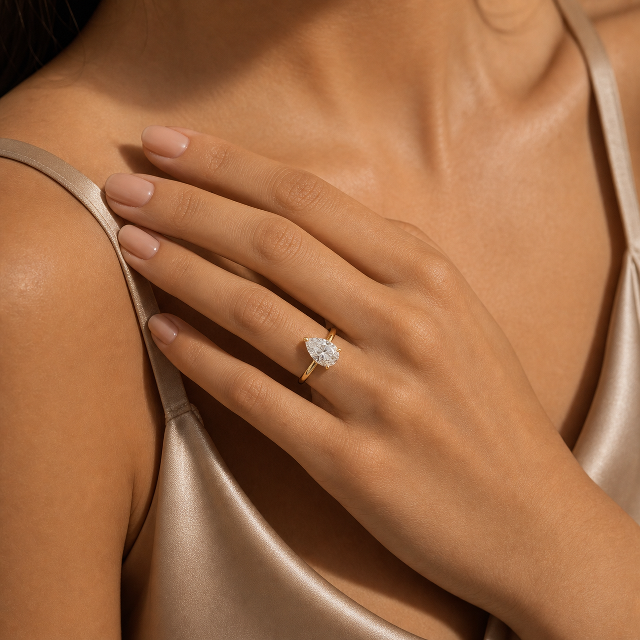 Pear Classic Basket Plain Solitaire in 14K Yellow Gold wearing