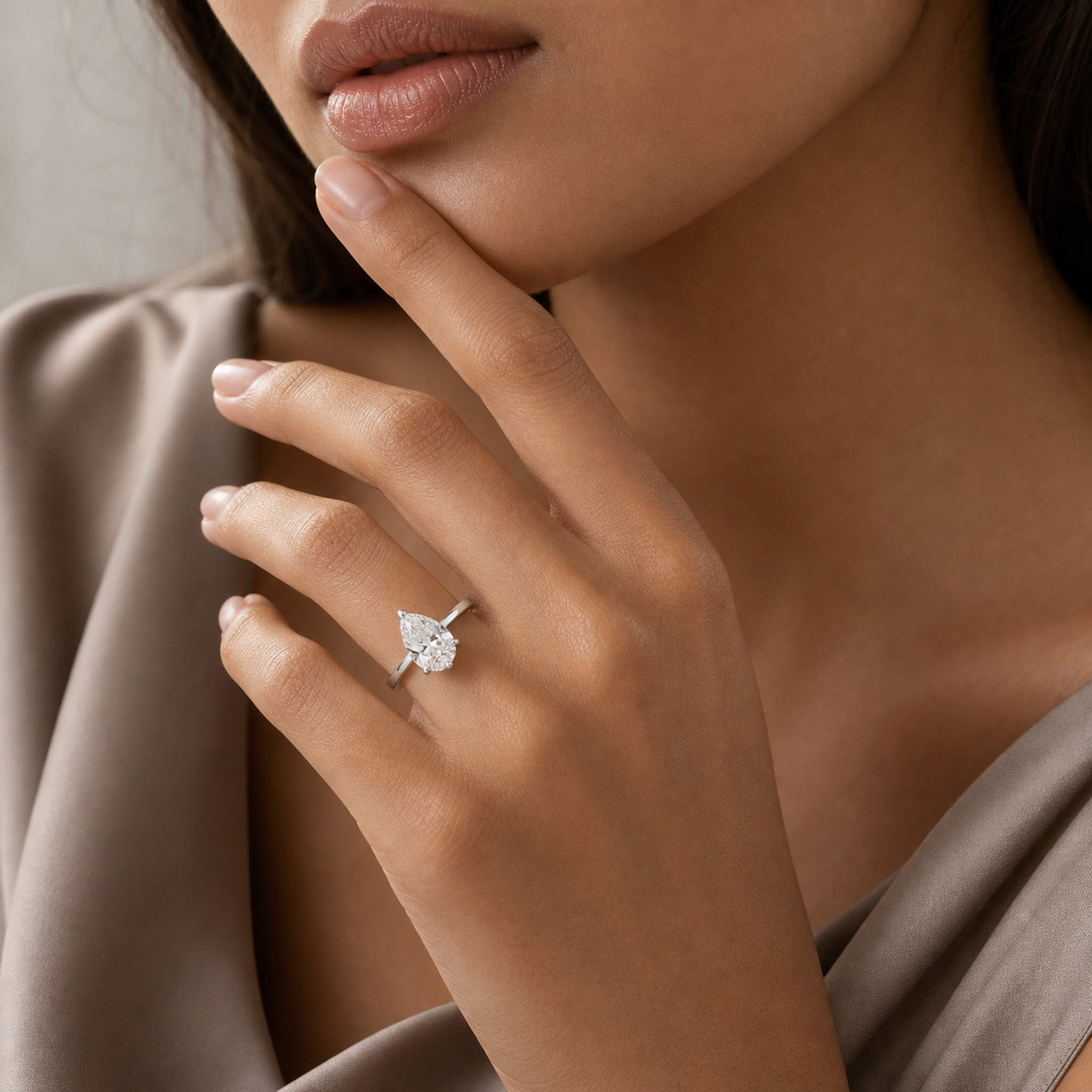 Pear Classic Basket Plain Solitaire in 18K White Gold wearing