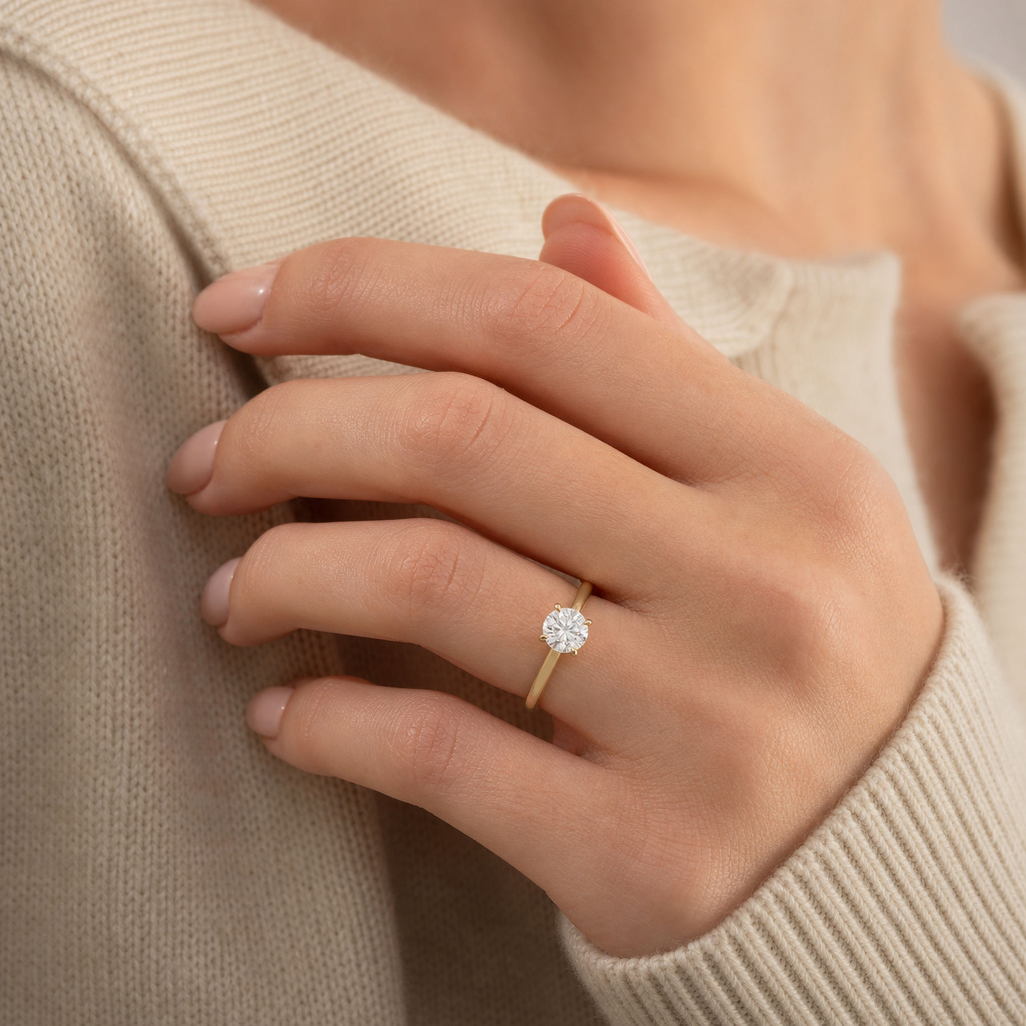 Round Classic Basket Plain Solitaire in 18K Yellow Gold wearing