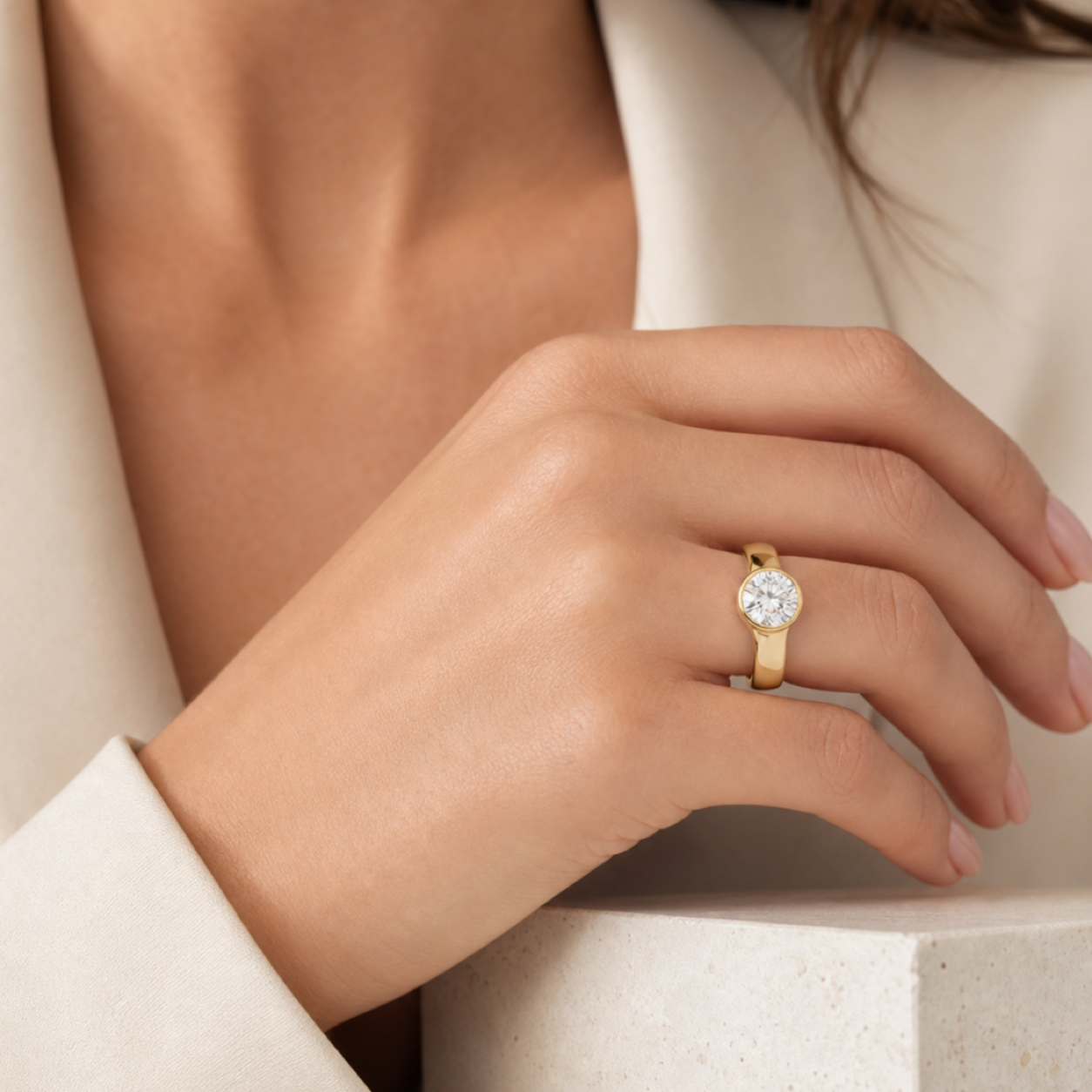 Round Wide Tapered Bezel Solitaire in 14K Rose Gold wearing