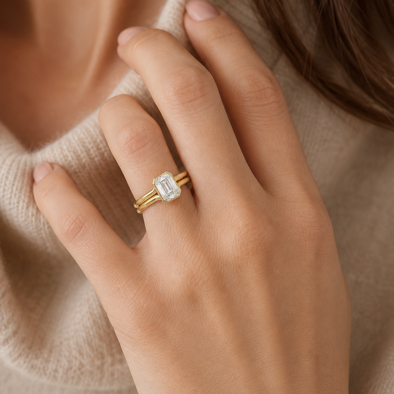 Emerald Stacked Band Bezel Solitaire in 14K Rose Gold wearing