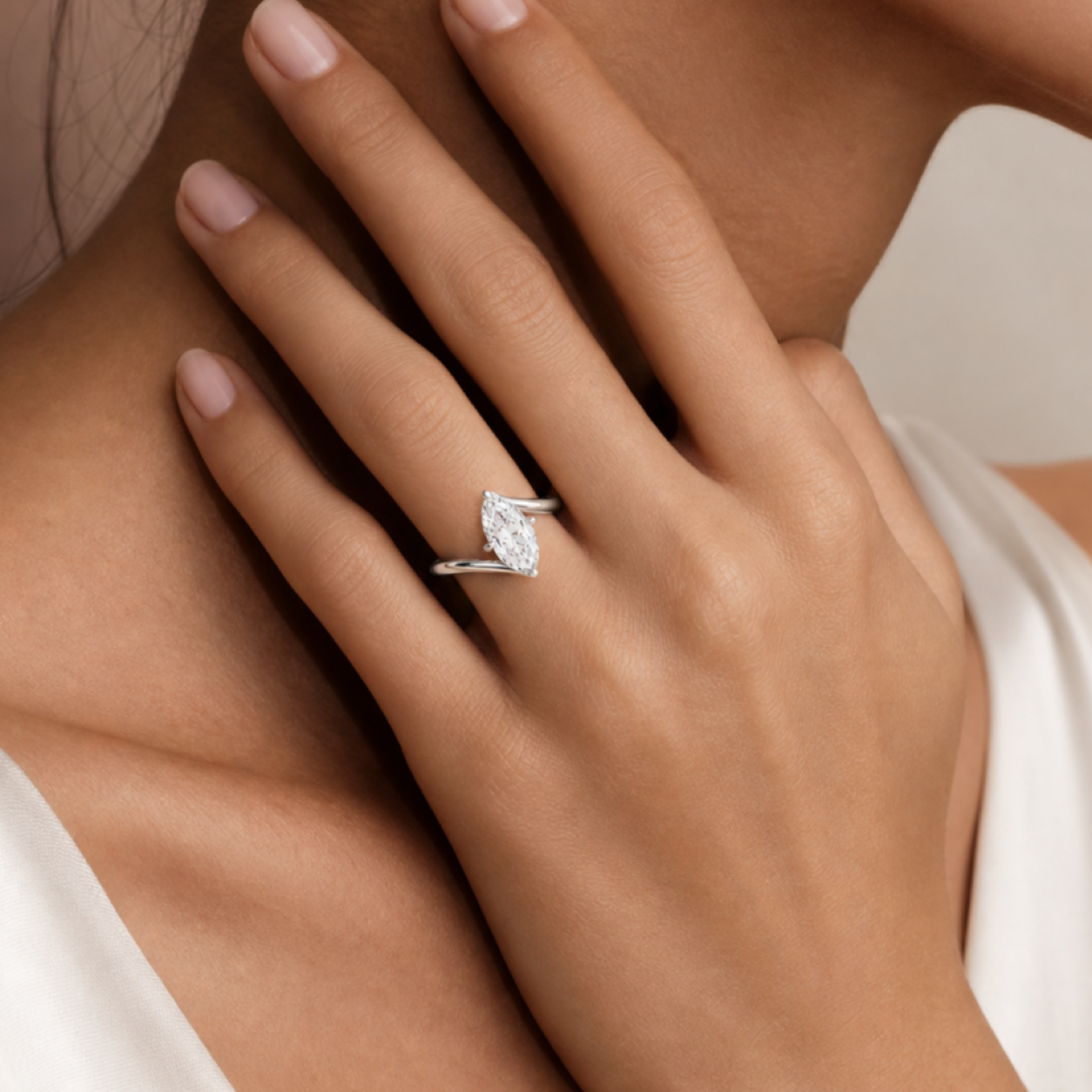 Marquise Open Bypass Solitaire in 14K White Gold wearing