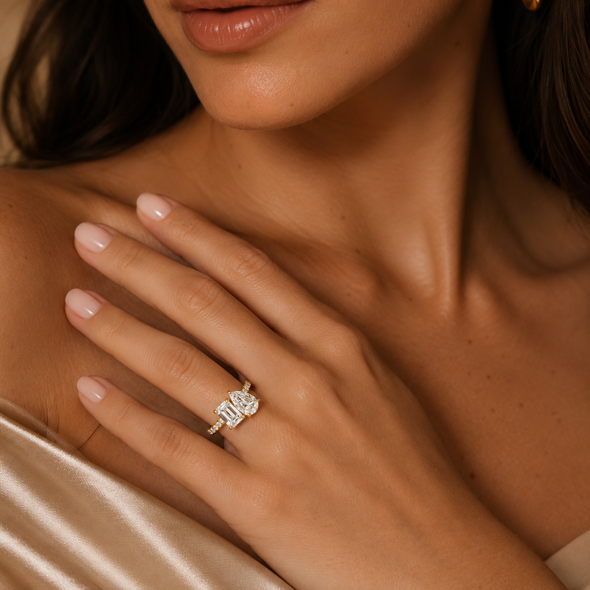 Emerald & Pear Accented Toi Et Moi in 14K Rose Gold wearing