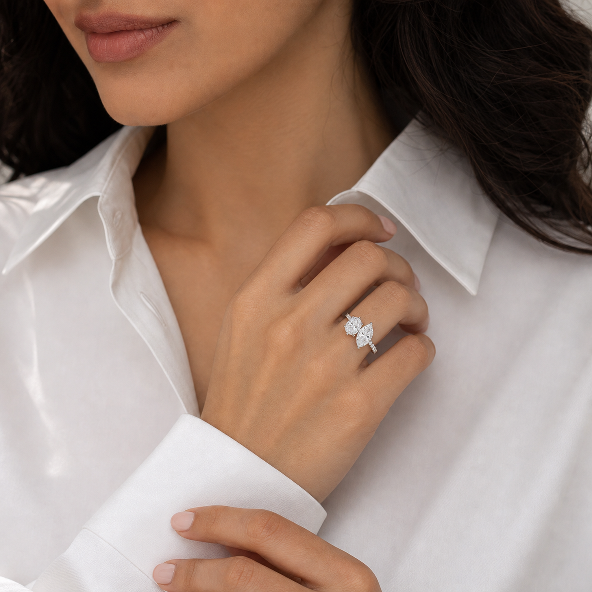 Oval & Marquise Accented Toi Et Moi in Platinum wearing