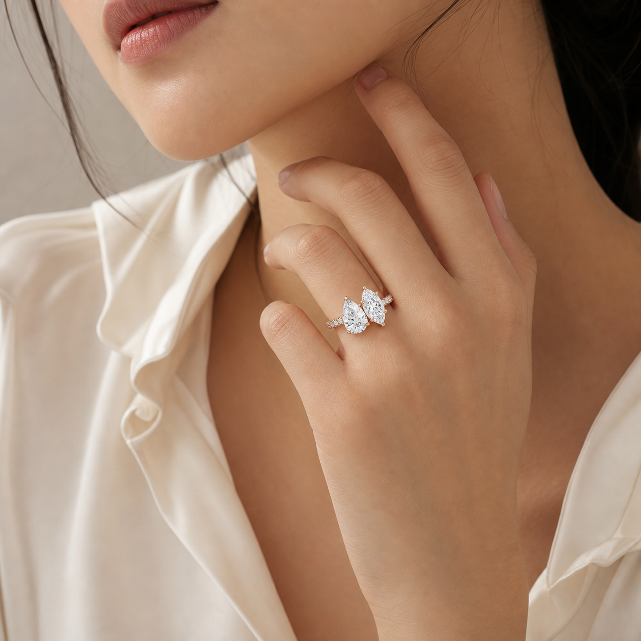 Pear & Marquise Accented Toi Et Moi in 14K Rose Gold wearing