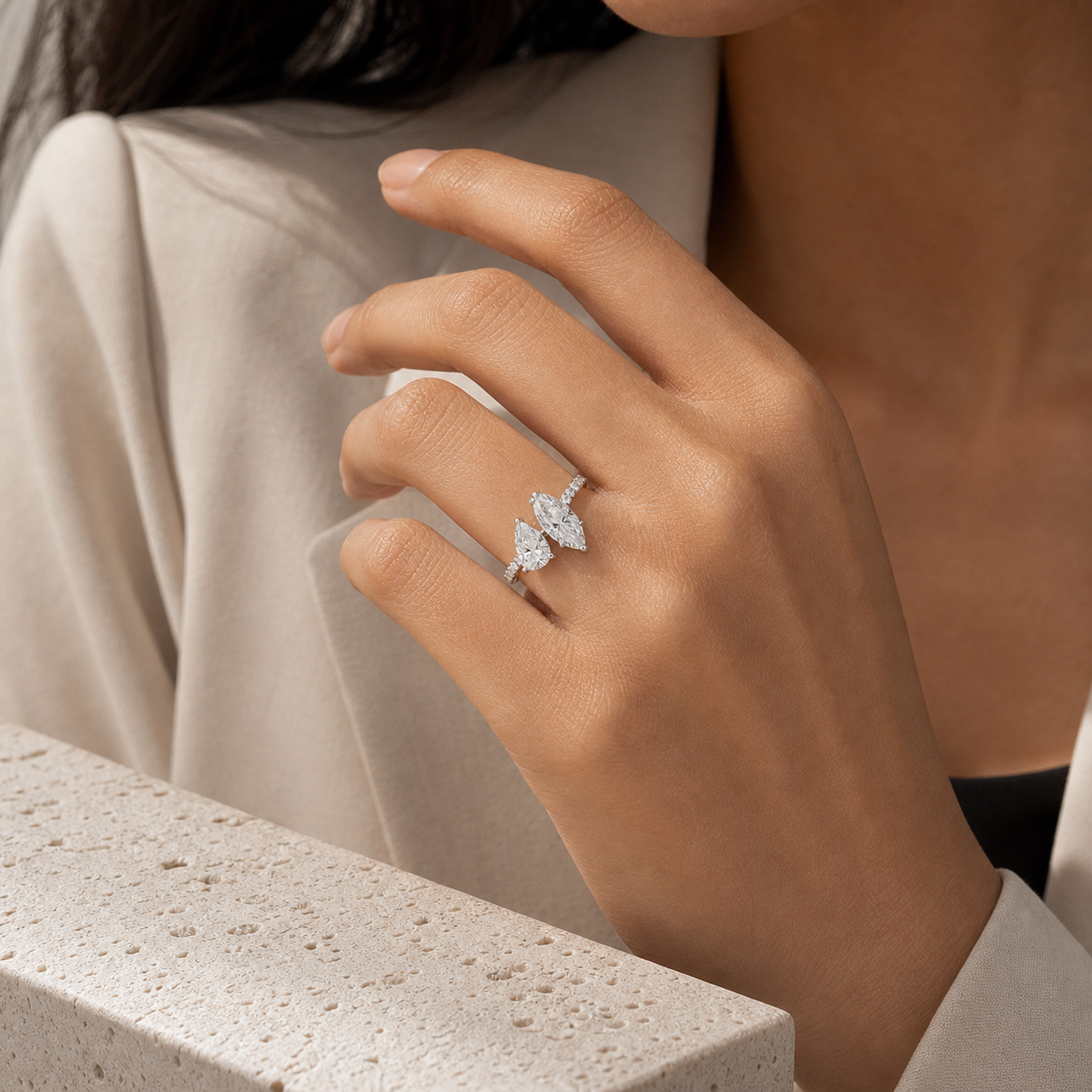 Pear & Marquise Accented Toi Et Moi in 14K White Gold wearing