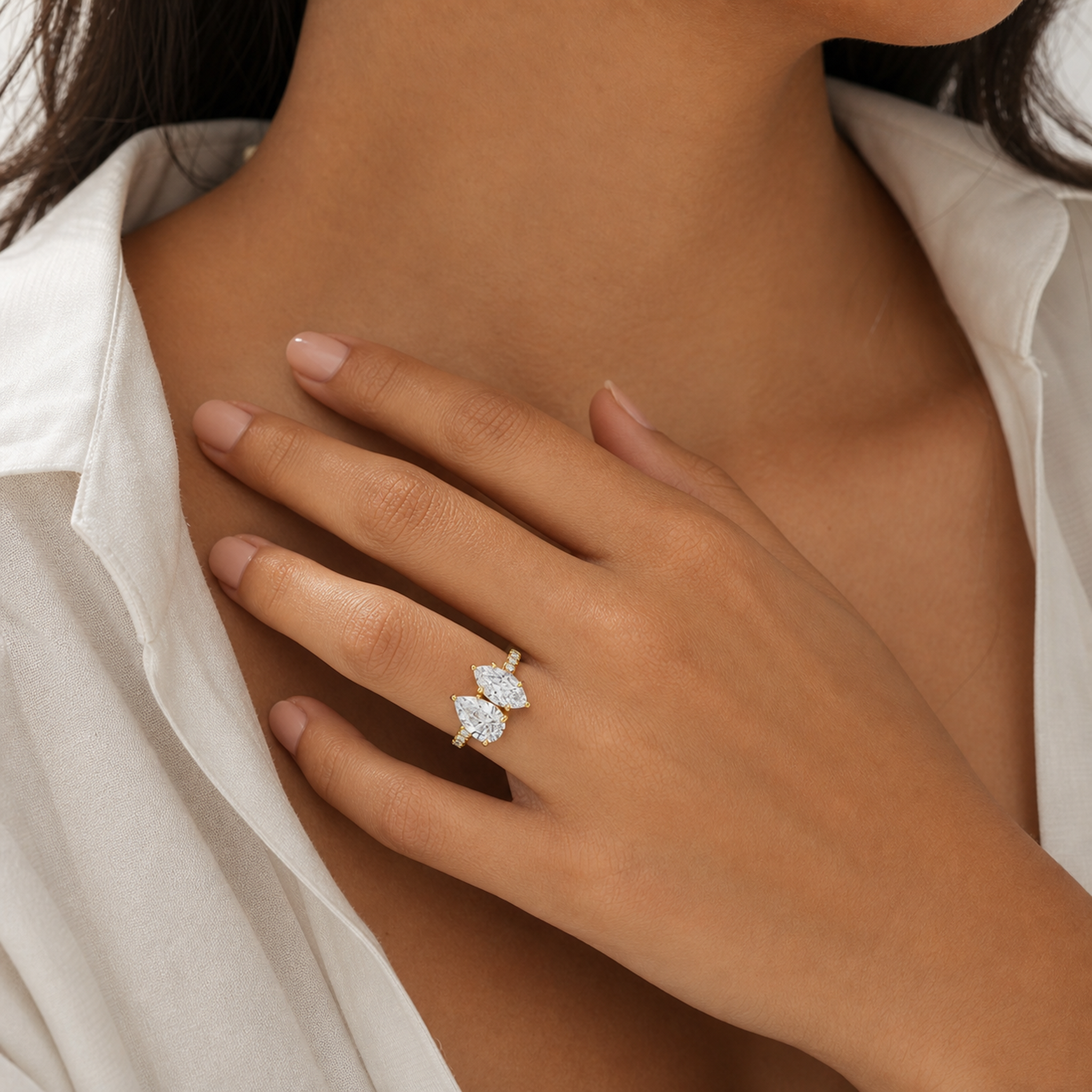 Pear & Marquise Accented Toi Et Moi in 18K Yellow Gold wearing