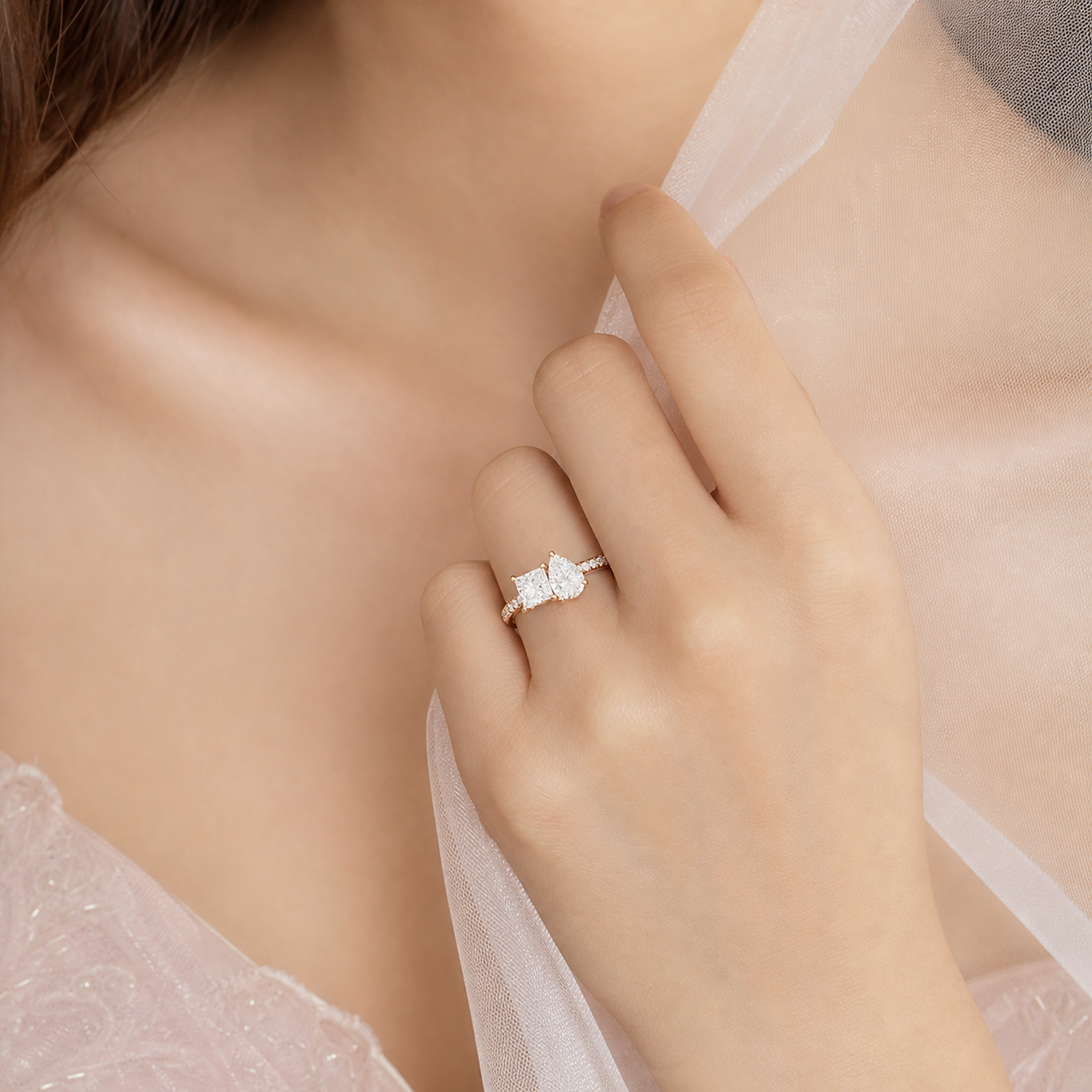 Princess & Pear Accented Toi Et Moi in 14K Rose Gold wearing