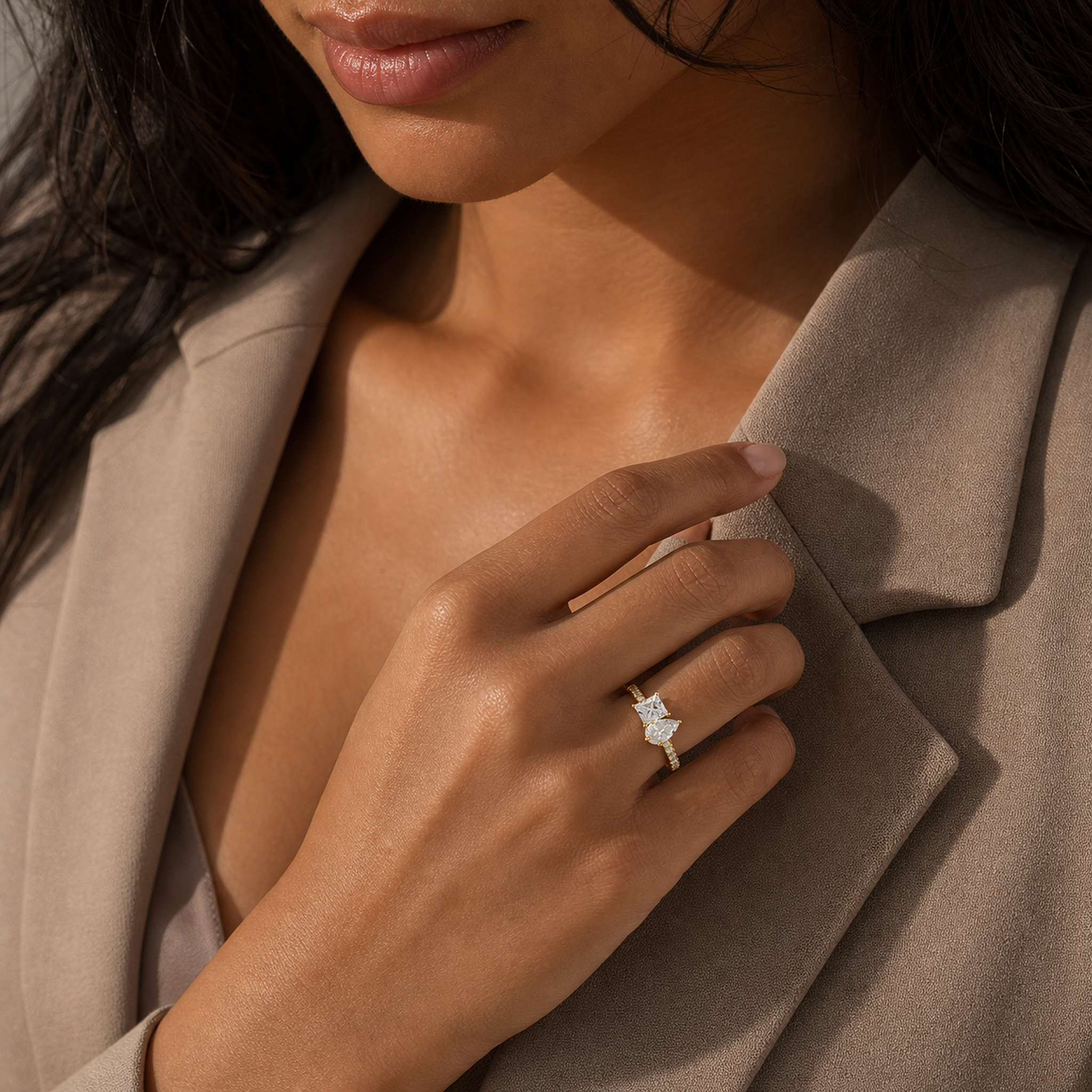 Princess & Pear Accented Toi Et Moi in 14K Yellow Gold wearing