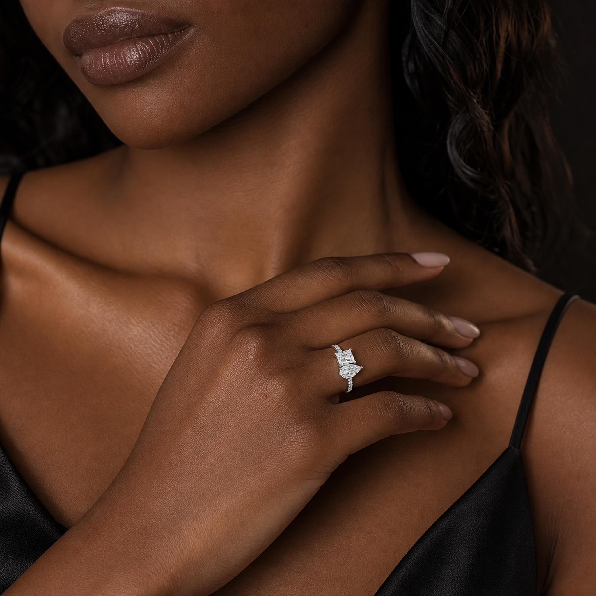 Princess & Pear Accented Toi Et Moi in 18K White Gold wearing