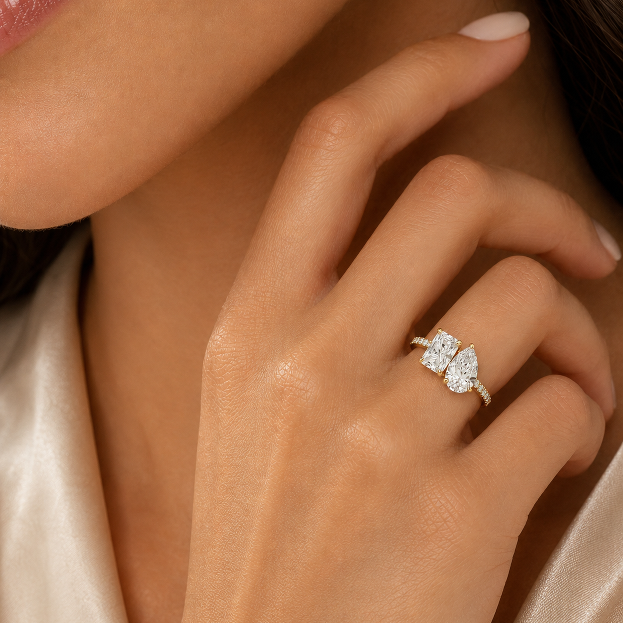 Radiant & Pear Accented Toi Et Moi in 14K Rose Gold wearing