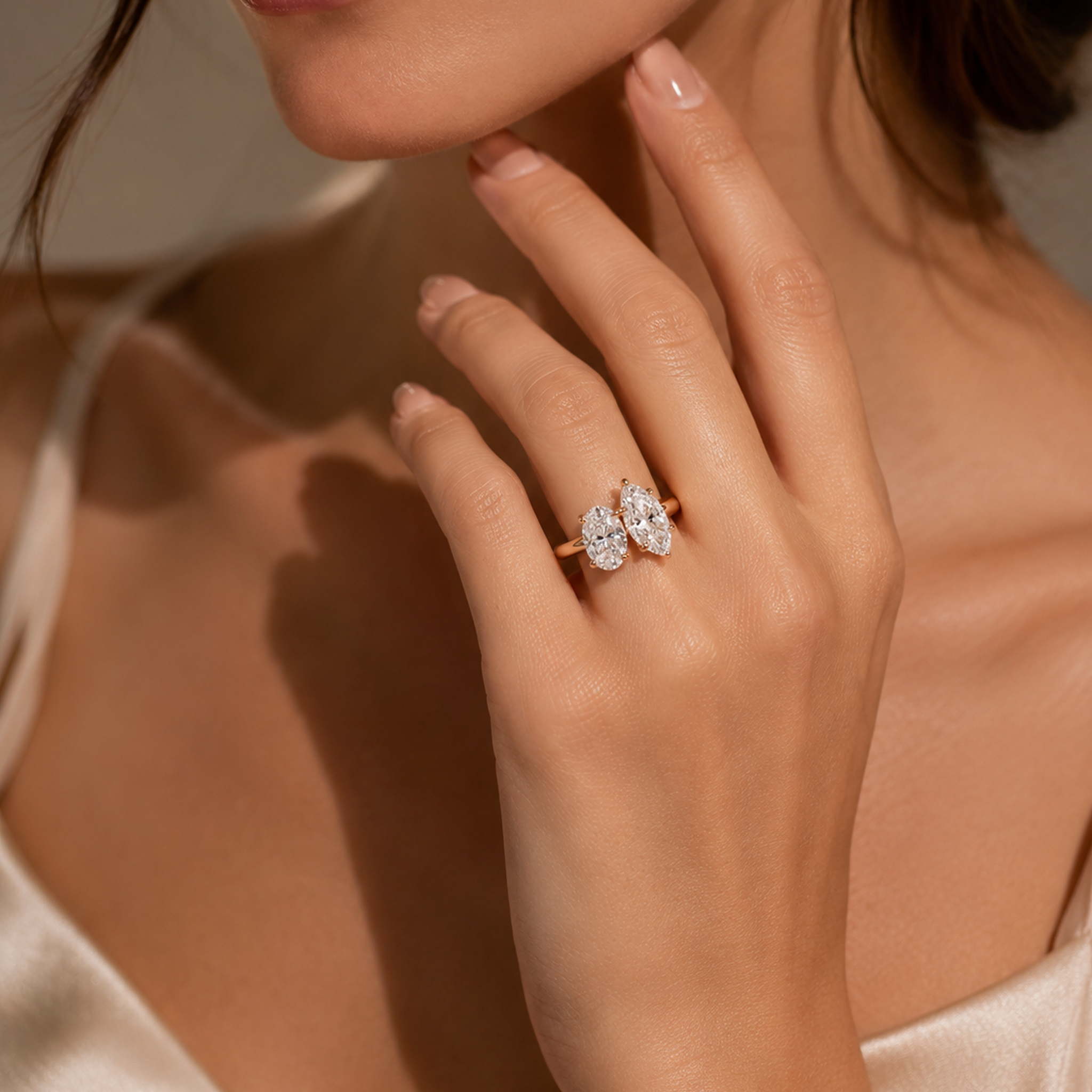 Oval & Pear Clean Toi Et Moi in 14K White Gold wearing