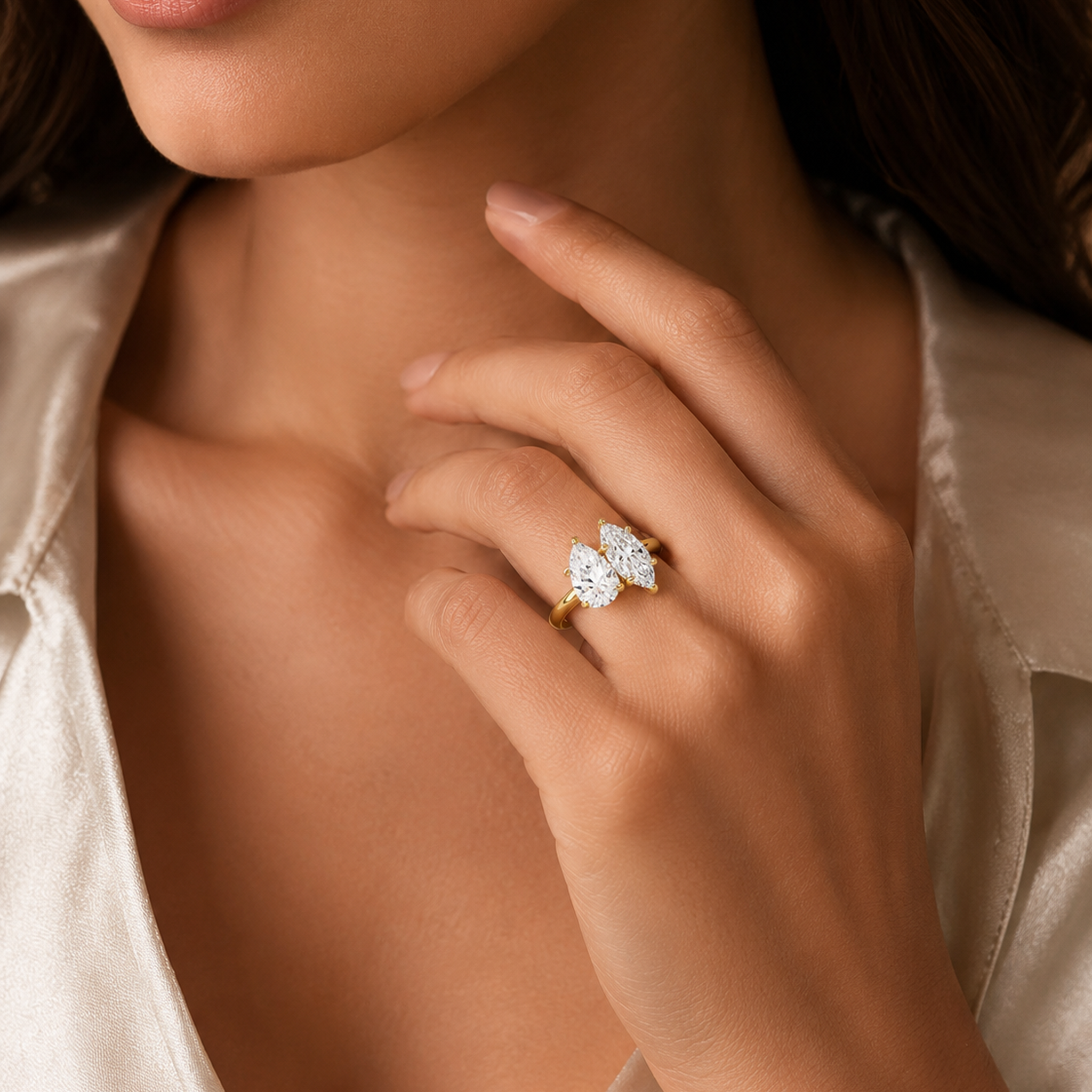Pear & Marquise Clean Toi Et Moi in 14K Yellow Gold wearing