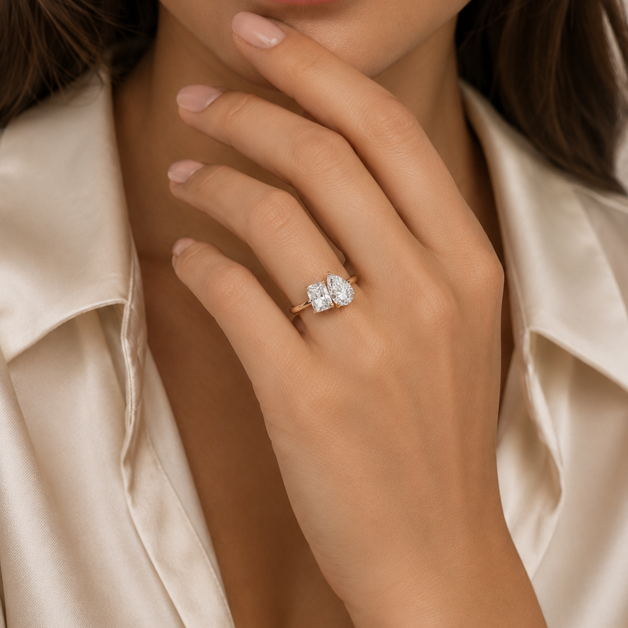 Radiant & Pear Clean Toi Et Moi in 14K Yellow Gold wearing