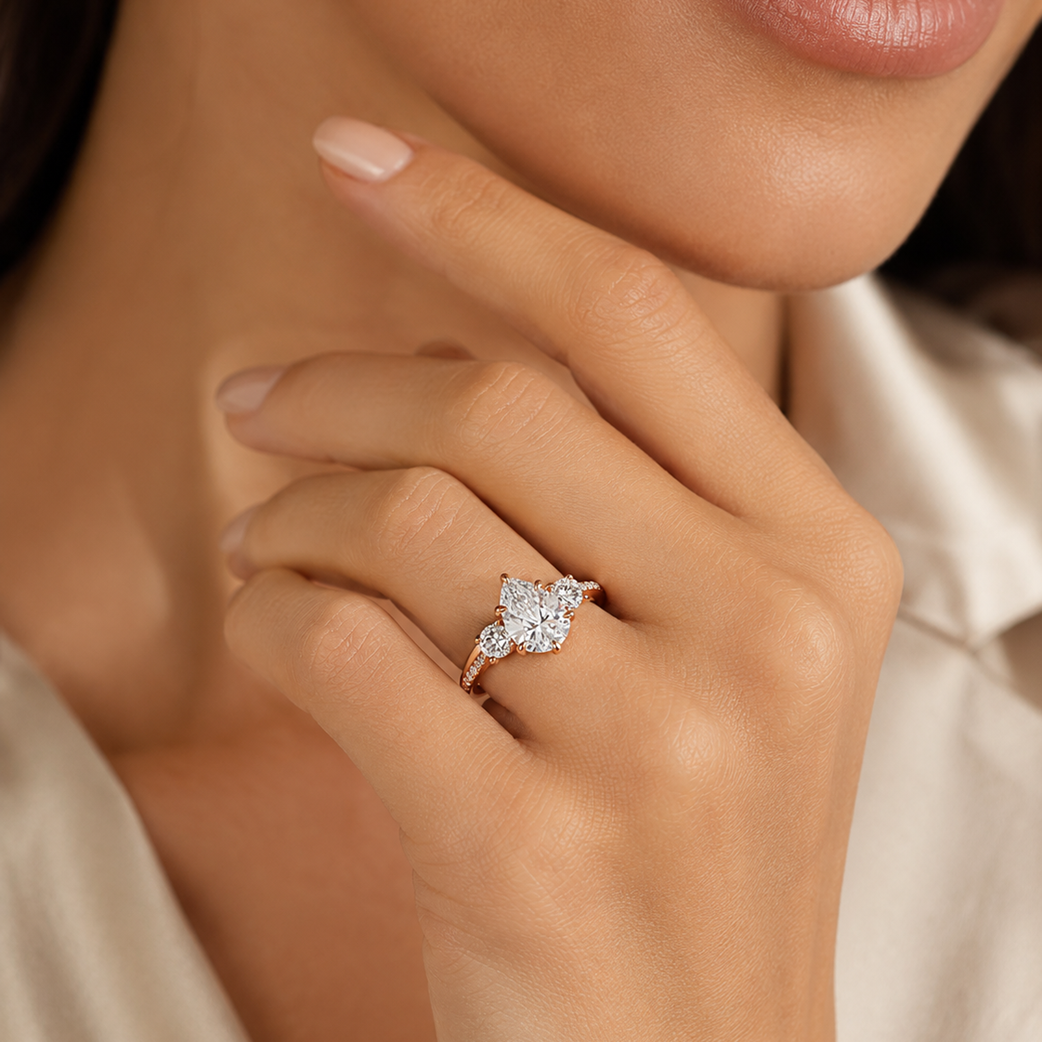 Round Twisted Vine Three Stone in 14K Rose Gold wearing