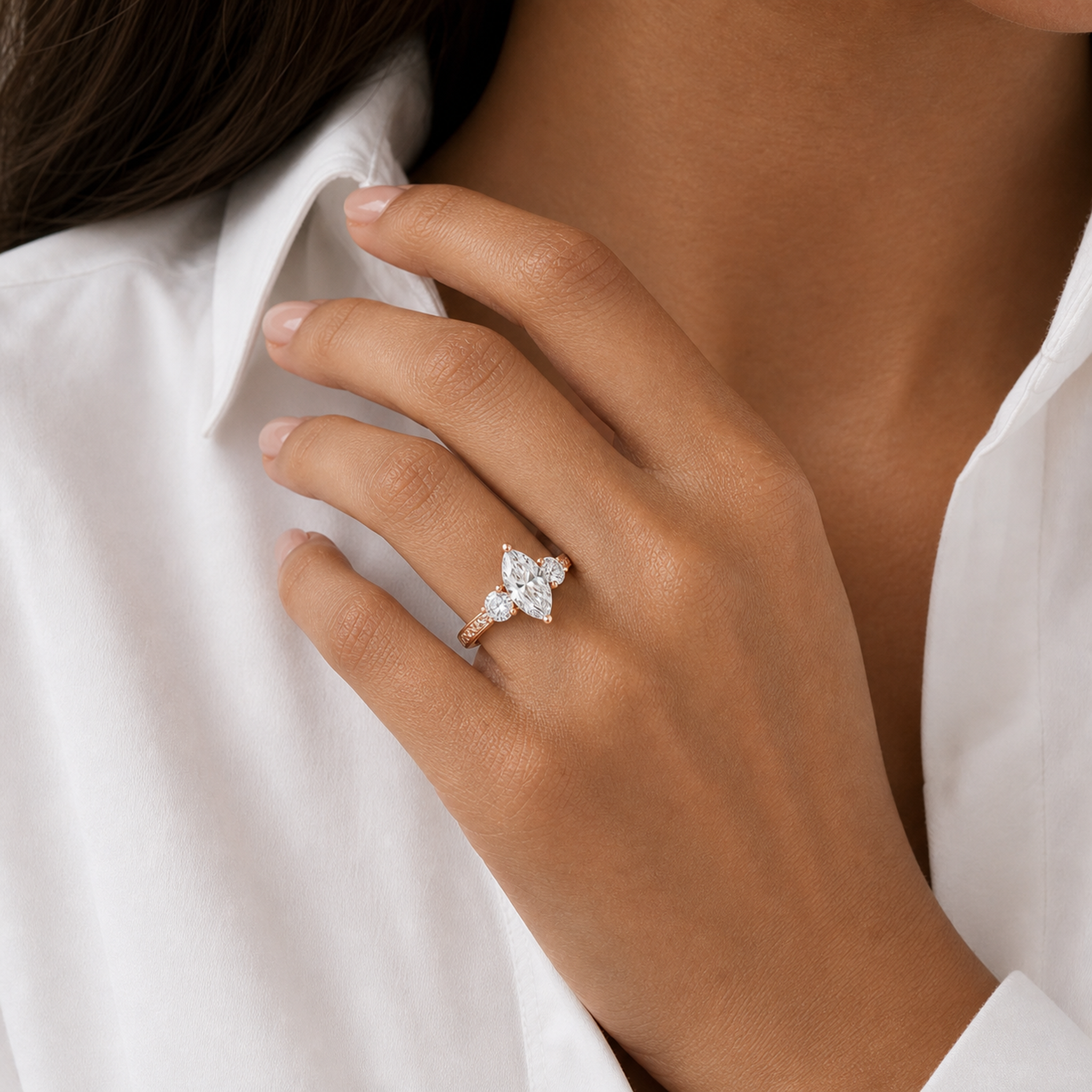 Marquise Engraved Vintage Three Stone in 14K Rose Gold wearing