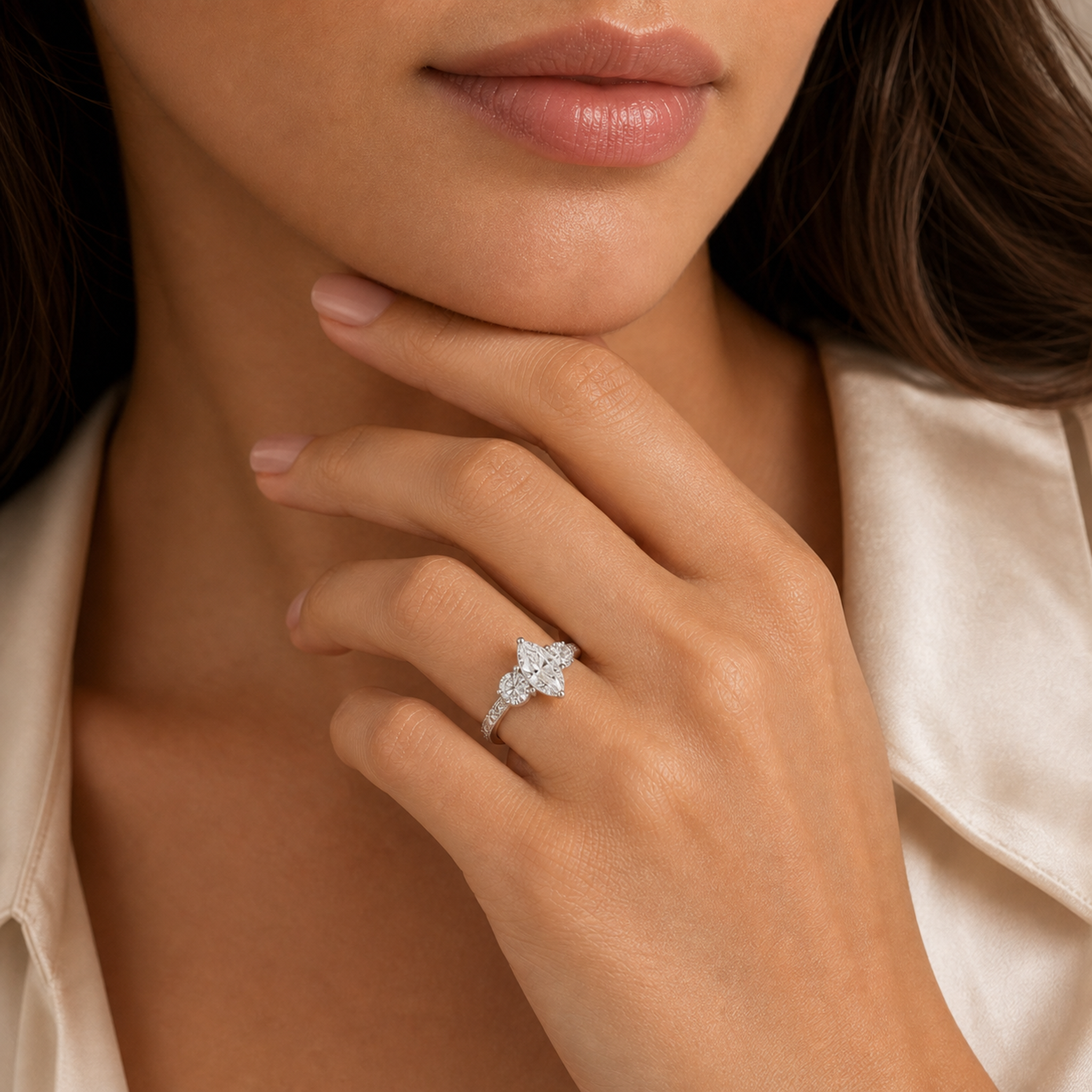Marquise Engraved Vintage Three Stone in 14K White Gold wearing