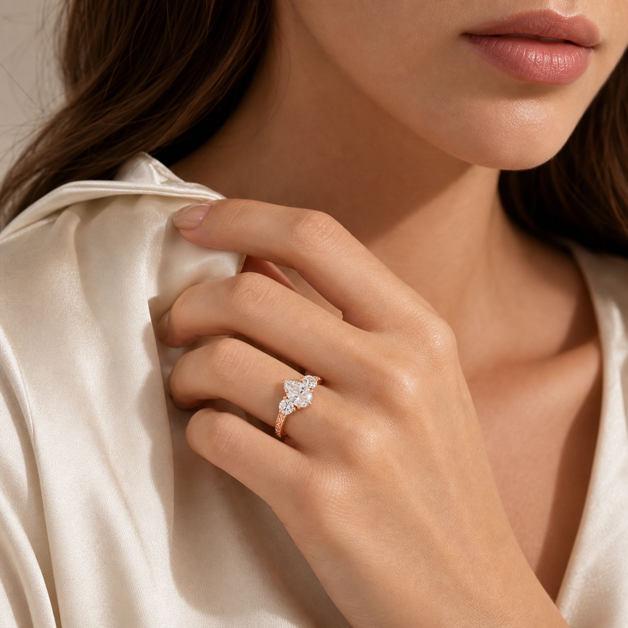 Pear Engraved Vintage Three Stone in 14K Rose Gold wearing