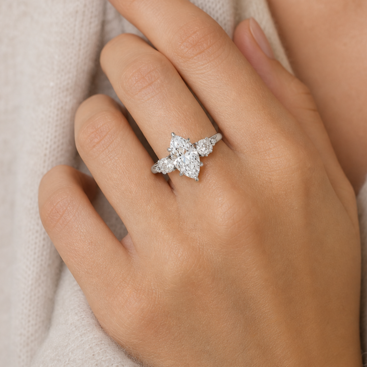 Marquise Composite Three Stone Ring in 14K White Gold wearing