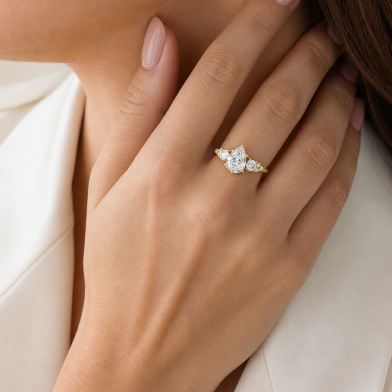 Pear Composite Three Stone Ring in 14K Rose Gold wearing