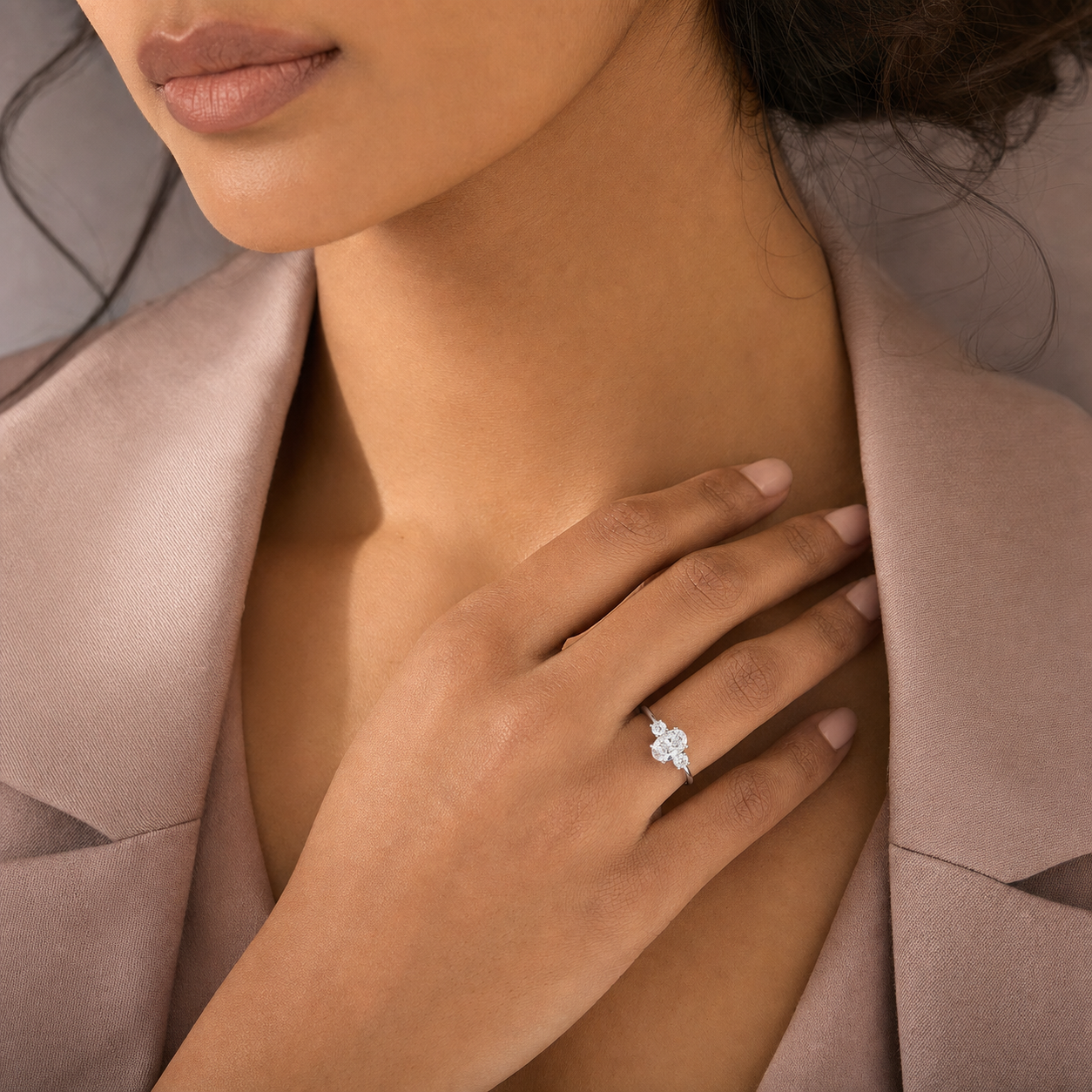 Oval Classic Round Three Stone Small Sides in 18K White Gold wearing